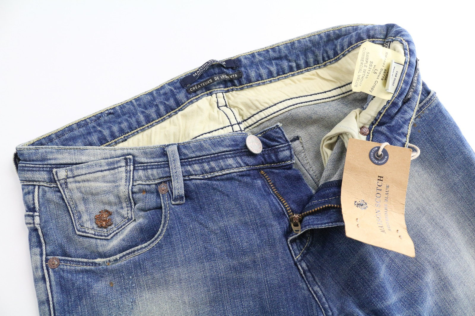 MAISON SCOTCH moteriški džinsai W27 Slim Fit skalbto mėlyno džinso spalvos su 5 kišenėmis 