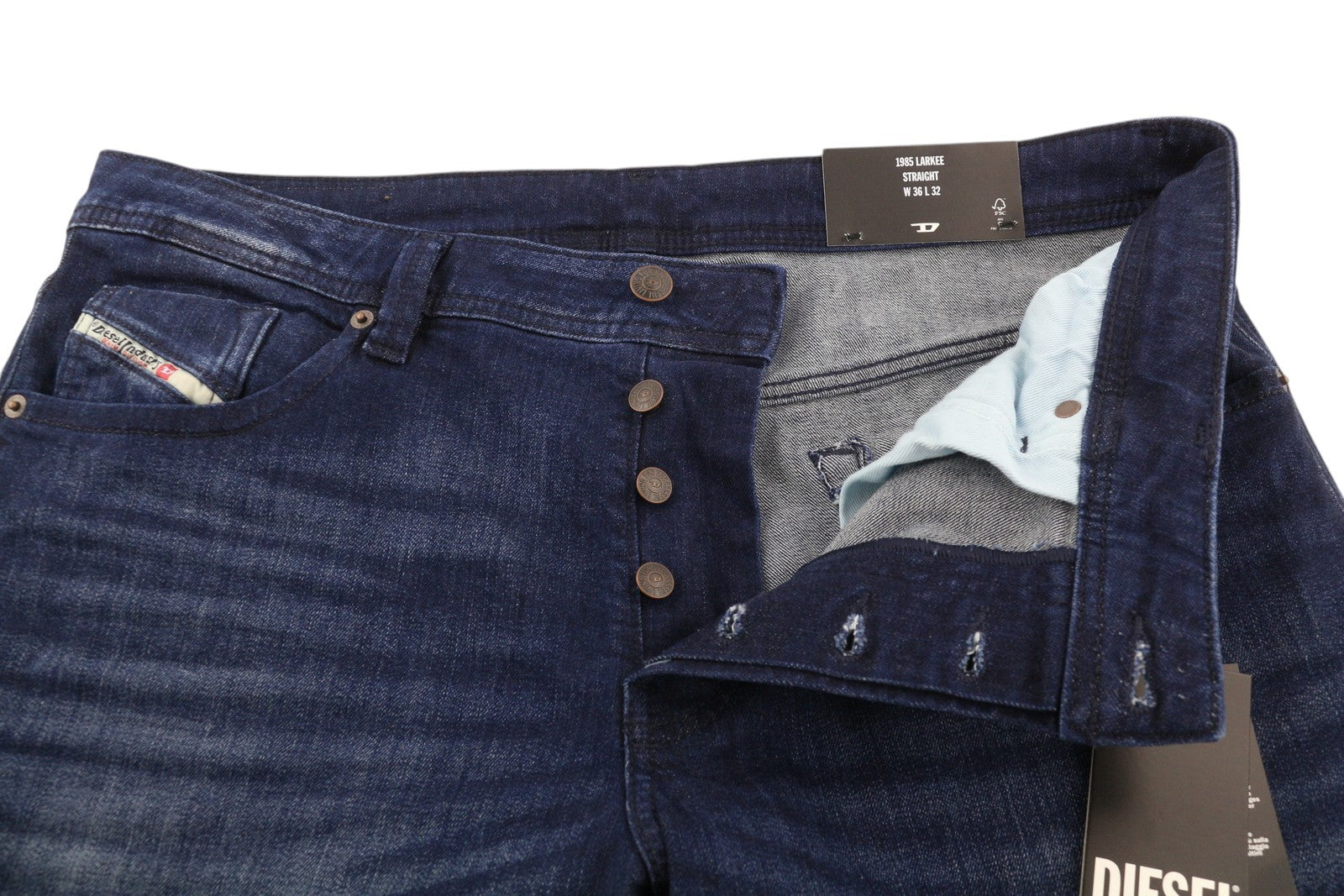DIESEL 1985 Larkee RB067 vyriški džinsai W36/L32 tiesaus kirpimo, su sagomis, skalbtos mėlynos spalvos 