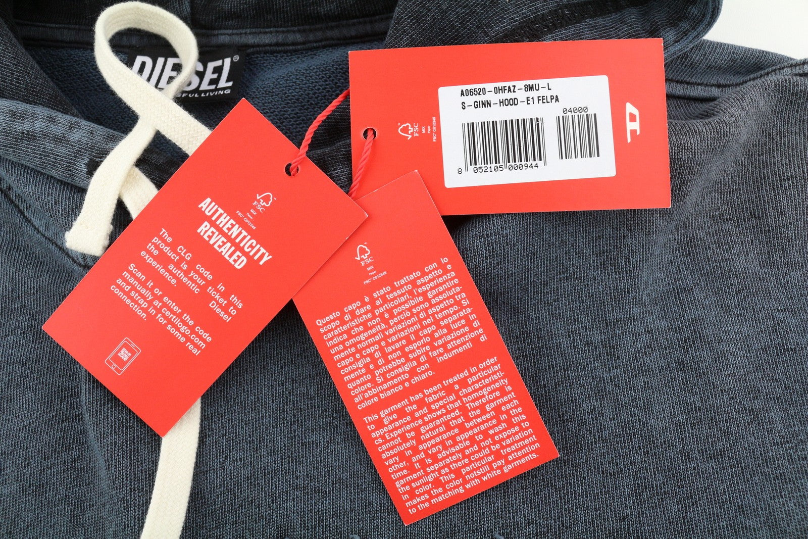 DIESEL S-Ginn-Hood-E1 vyriškas džemperis su gobtuvu L, pilkas, su gobtuvu, kengūros spalvos, rekomenduojama kaina – 195 € 