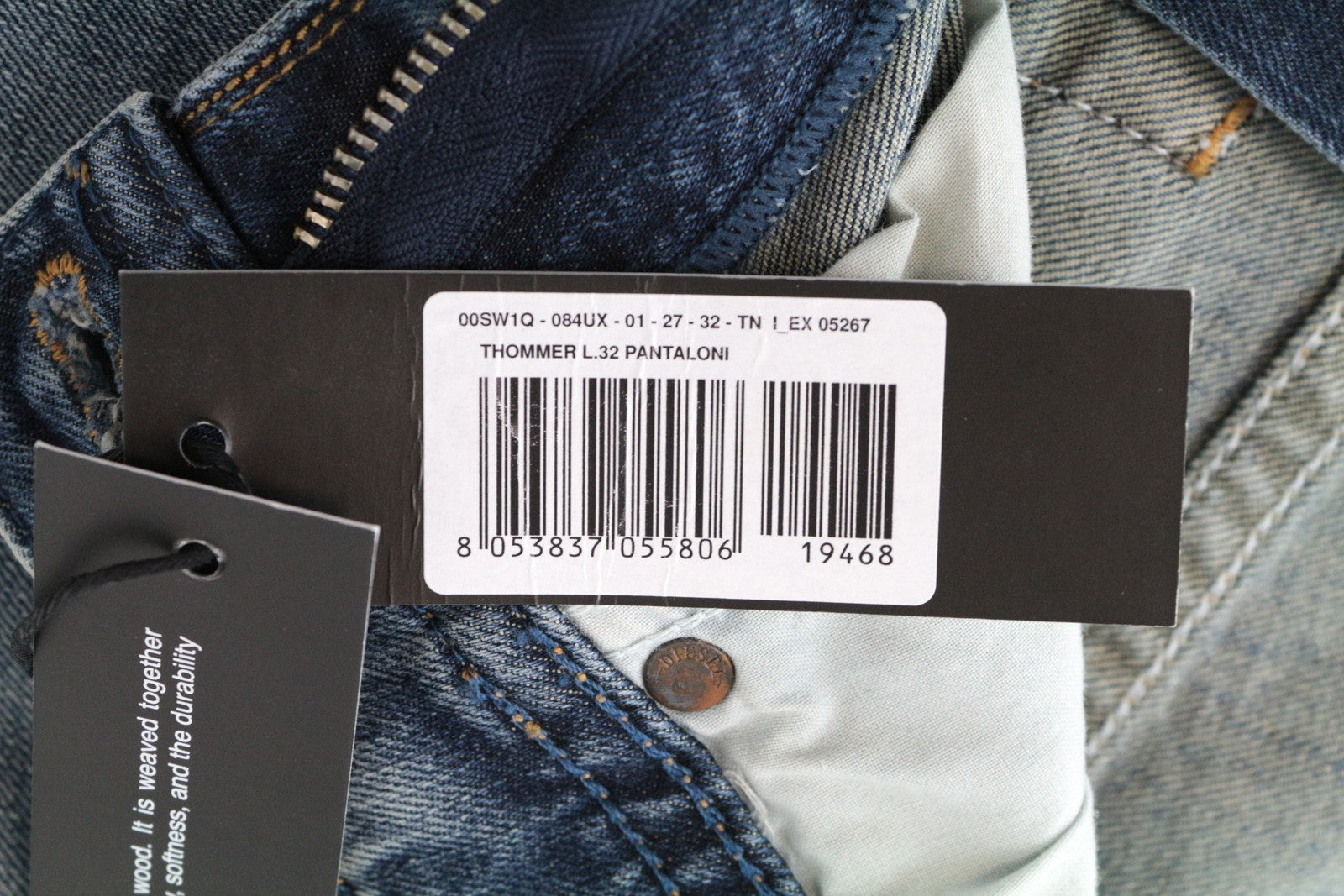 DIESEL Thommer 084UX vyriški džinsai W27/L32 skalbtos mėlynos spalvos aptempti, ploni, medvilniniai 