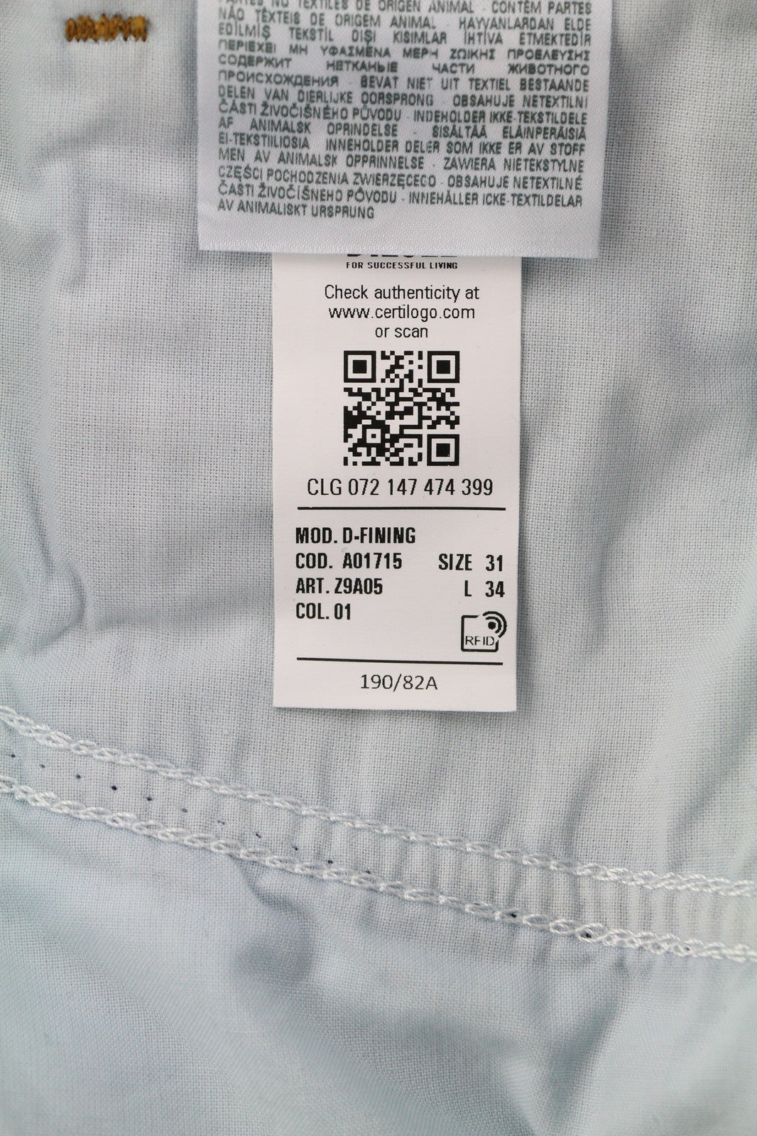 DIESEL D-Fining Z9A05 vyriški džinsai W31/L34 siaurėjantys, tamprūs, skalbtos mėlynos spalvos, rekomenduojama kaina – 225 € 