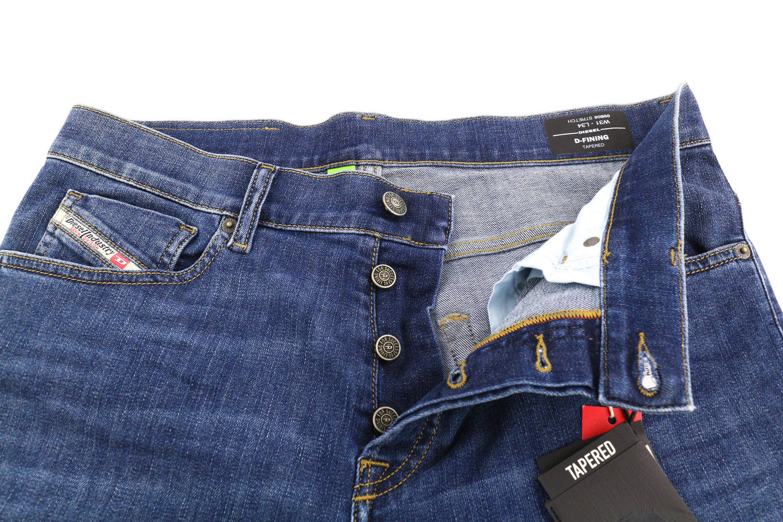 DIESEL D-Fining 09B06 vyriški džinsai W31/L34 siaurėjantys, tamprūs, su sagomis, skalbti džinsai 