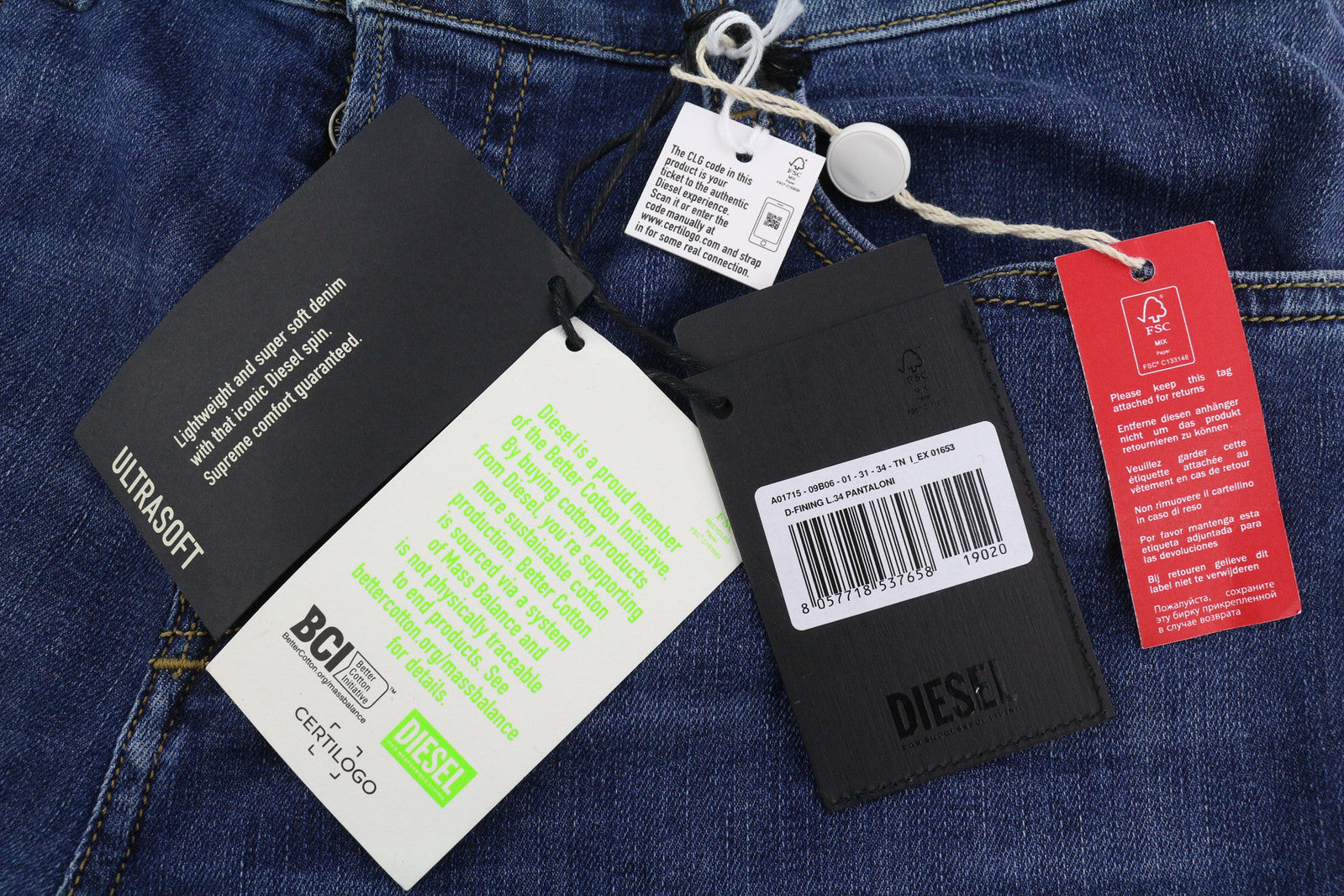 DIESEL D-Fining 09B06 vyriški džinsai W31/L34 siaurėjantys, tamprūs, su sagomis, skalbti džinsai 