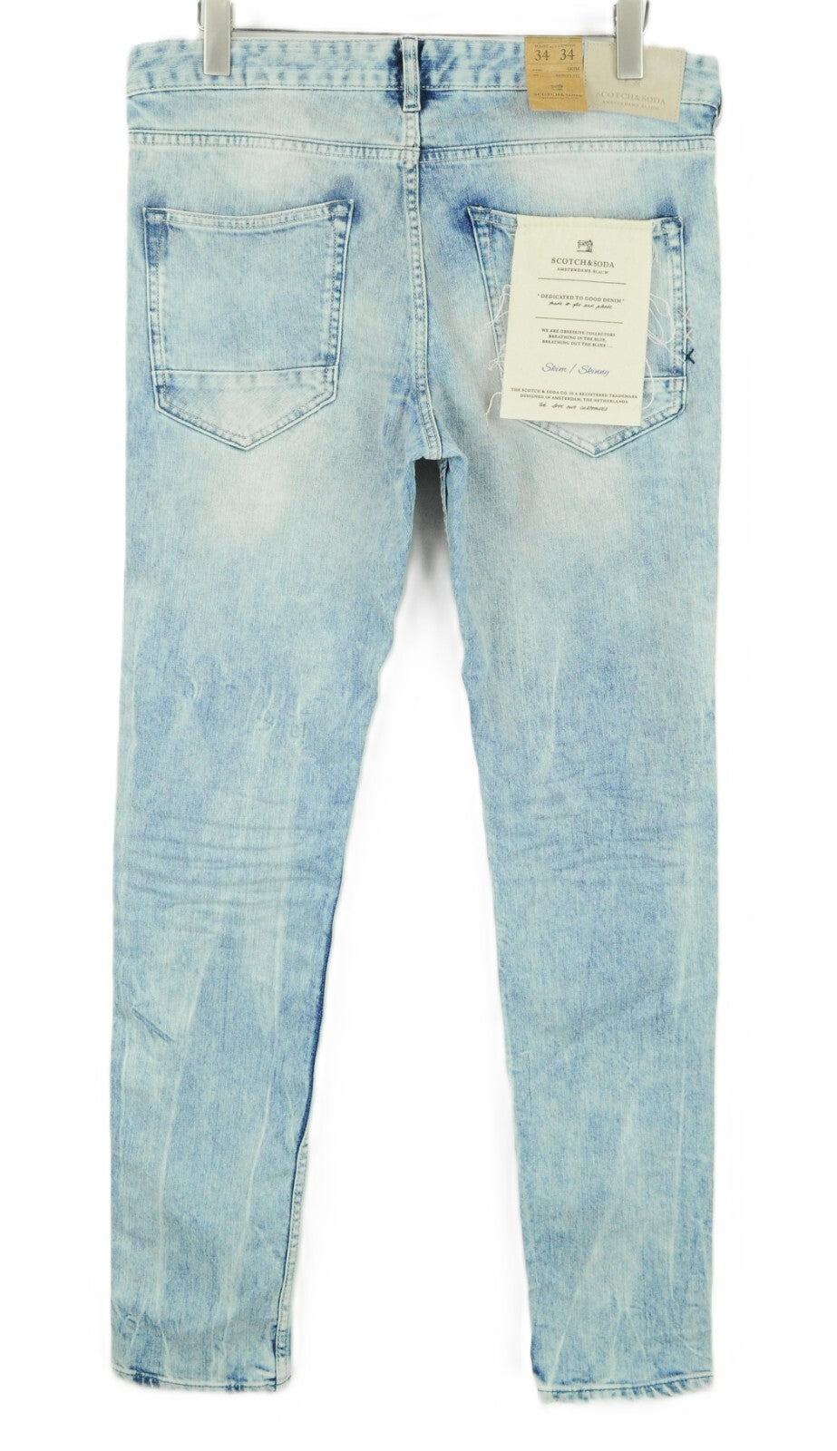 SCOTCH &amp; SODA vyriški aptempti džinsai W34 L34, mėlyni, tamprūs medvilniniai džinsiniai džinsai 