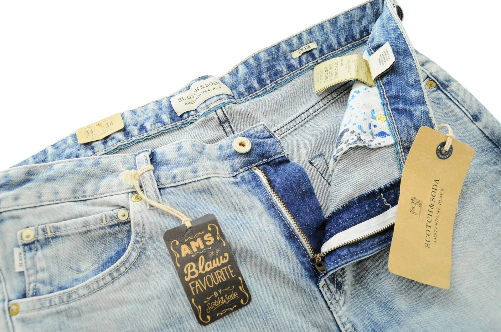 SCOTCH &amp; SODA vyriški aptempti džinsai W34 L34, mėlyni, tamprūs medvilniniai džinsiniai džinsai 