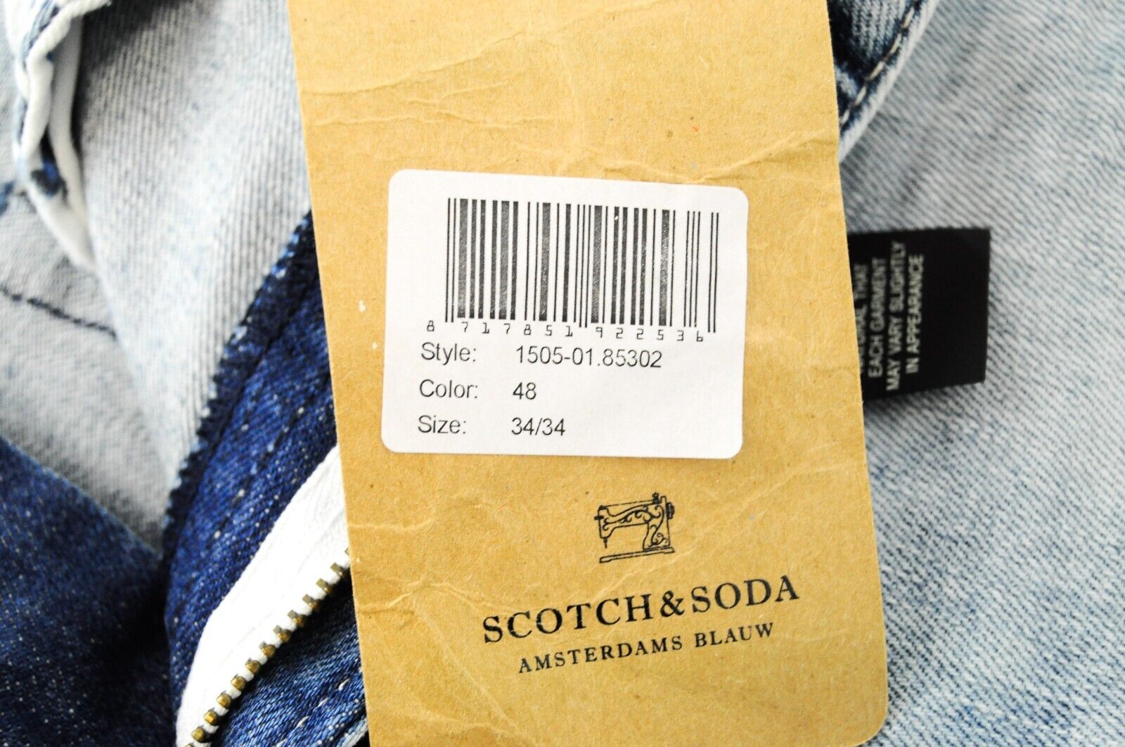 SCOTCH &amp; SODA vyriški aptempti džinsai W34 L34, mėlyni, tamprūs medvilniniai džinsiniai džinsai 
