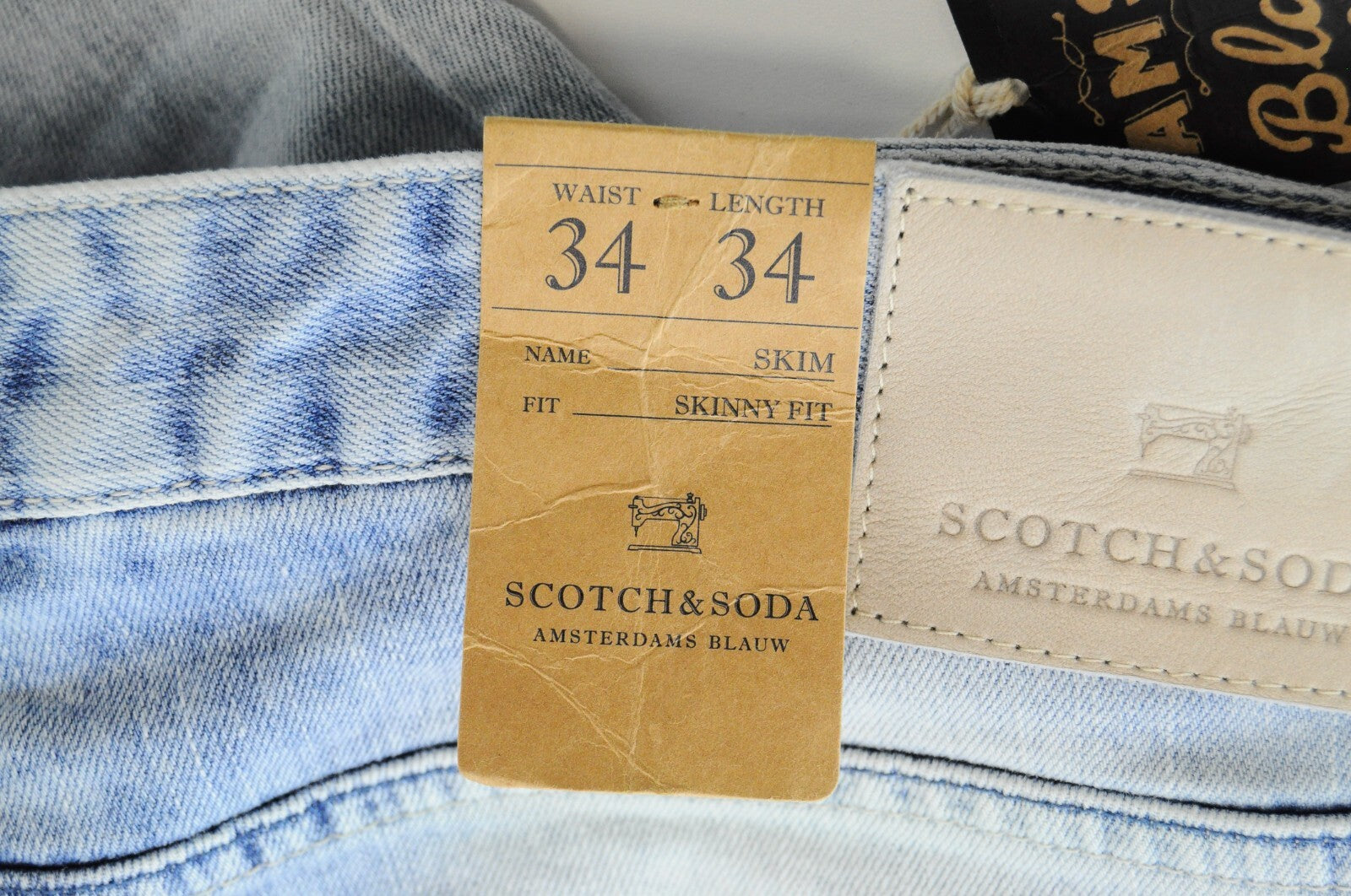 SCOTCH &amp; SODA vyriški aptempti džinsai W34 L34, mėlyni, tamprūs medvilniniai džinsiniai džinsai 