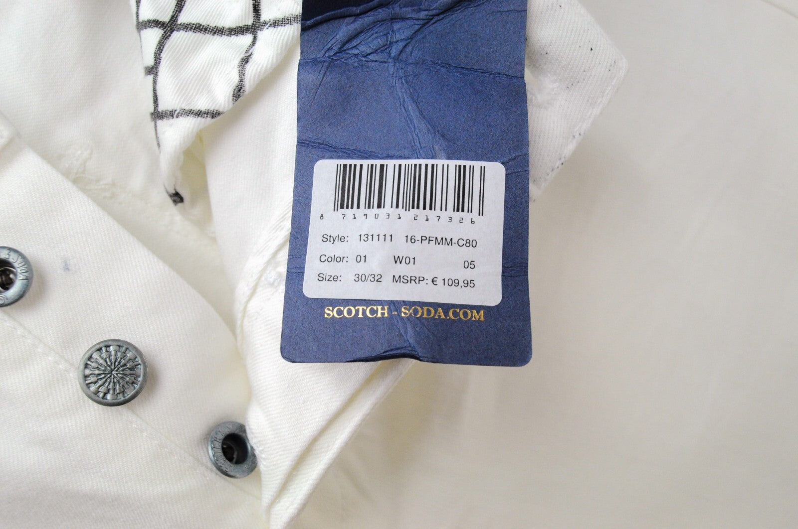 SCOTCH &amp; SODA Pike džinsai W30 L32 balti medvilniniai aptempti vyriški tamprūs džinsai 