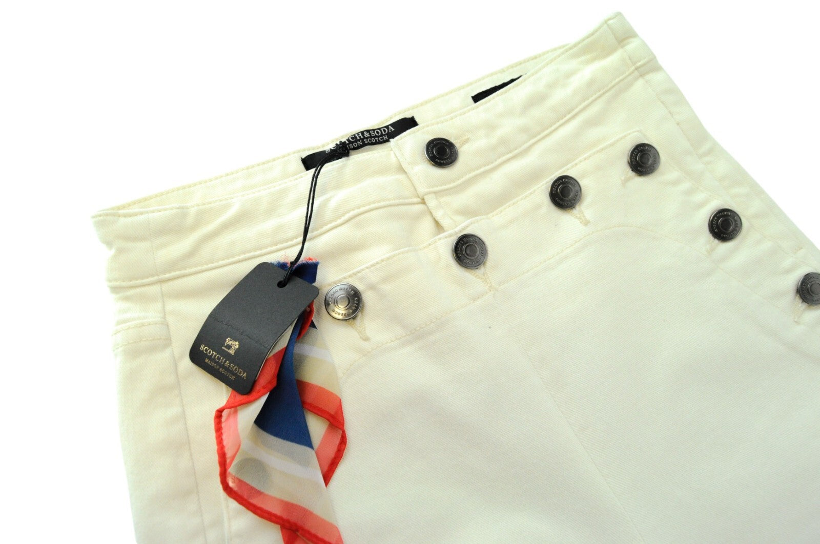 MAISON SCOTCH Jolie Vagabonde džinsai ~W25 L30 balkšvai balti, ploni su sagomis užsegimu 