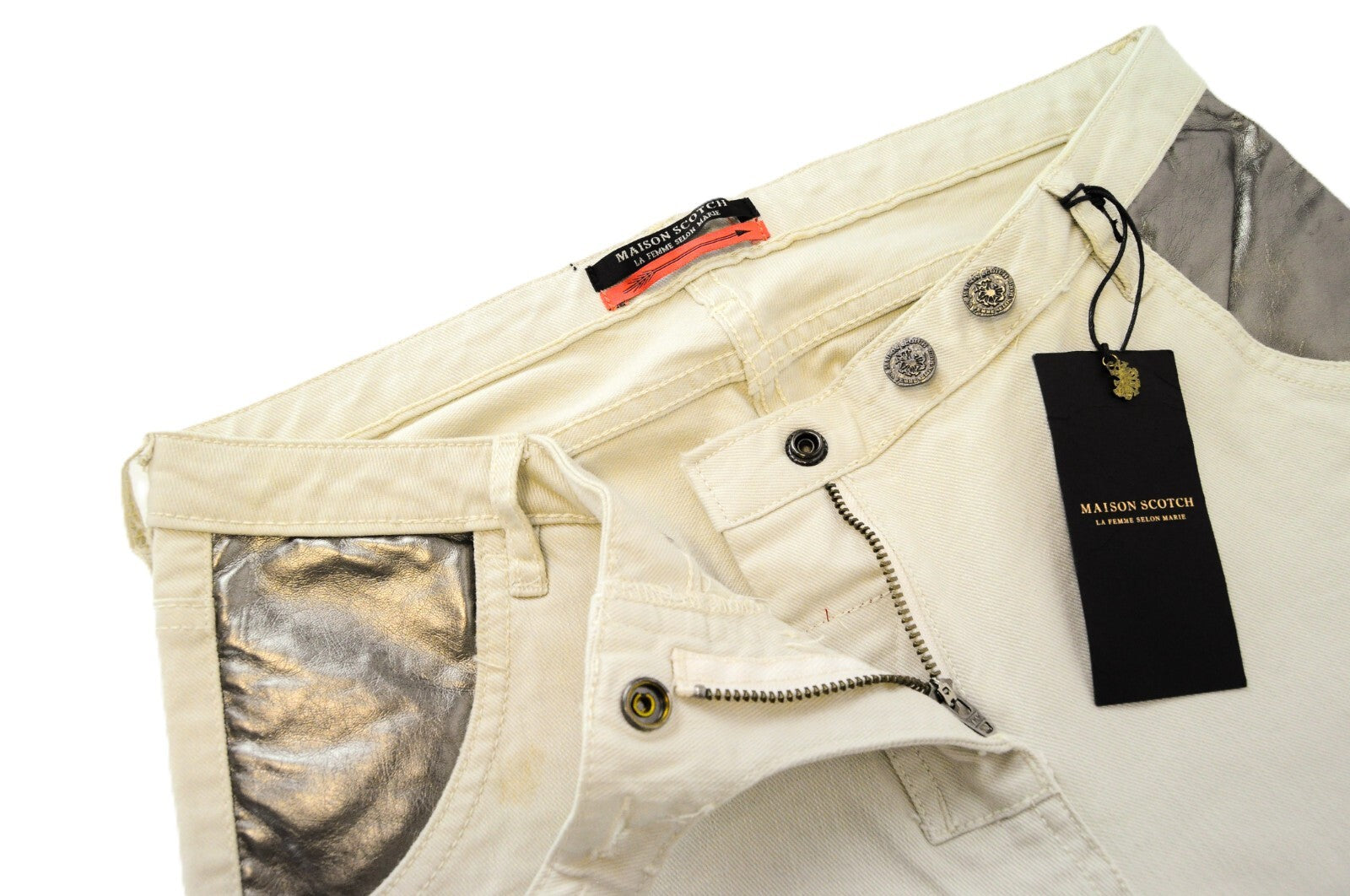 MAISON SCOTCH Slim džinsai W30 L32 balkšvai baltos spalvos, tamprios medvilnės tekstūros, laisvalaikio stiliaus. 