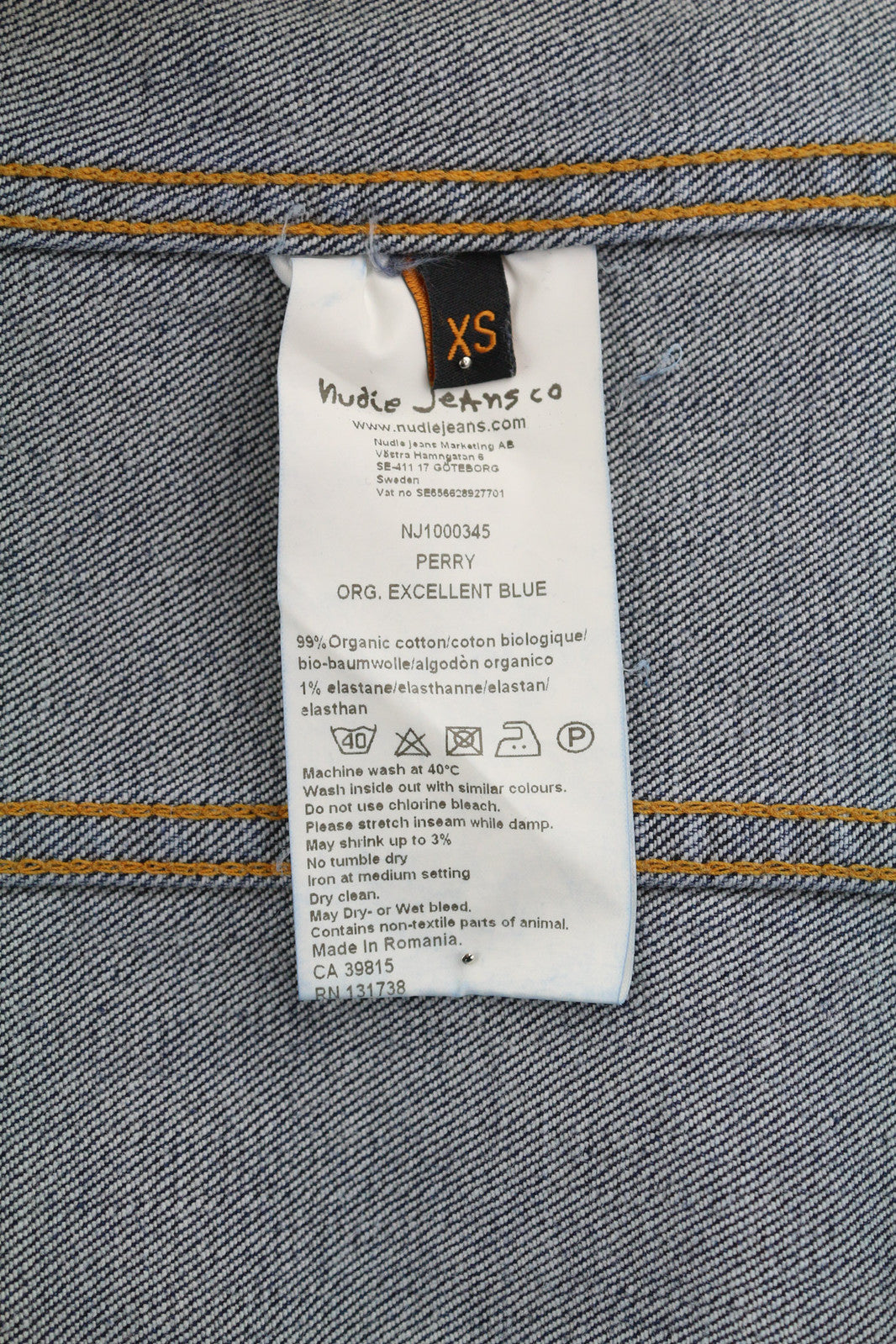 NUDIE Perry vyriška striukė XS, ekologiška, puikios mėlynos spalvos, su sagomis ir logotipu, džinsinis audinys 