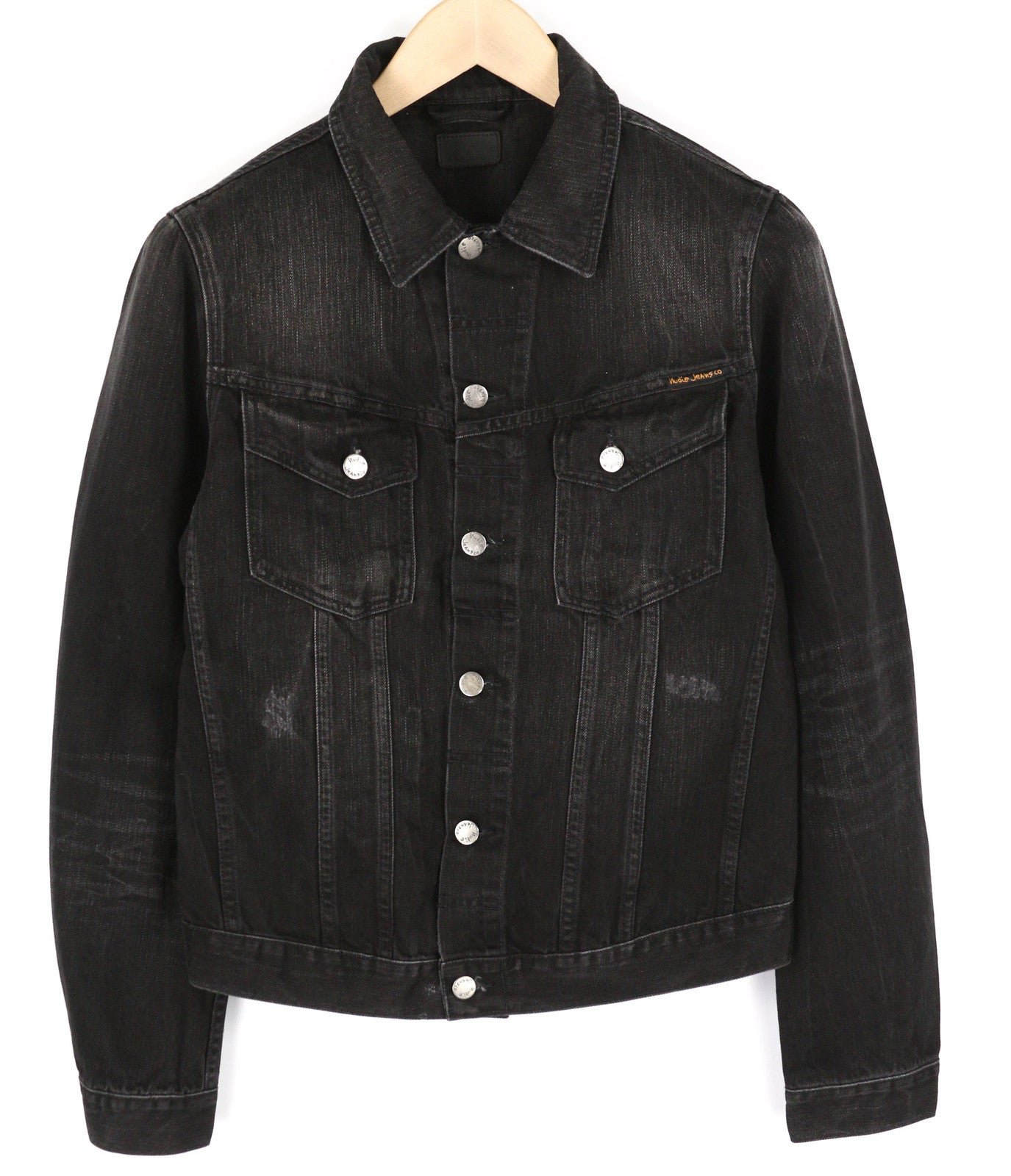 NUDIE Billy vyriška striukė S, juoda, su sagomis apykakle, skalbto džinso spalvos 