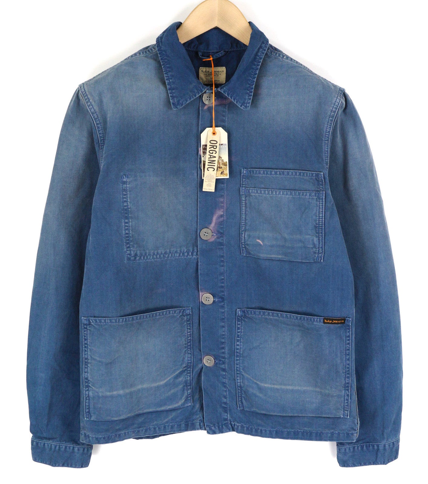 NUDIE Paul vyriška striukė M su sagomis, apykaklės kišenėmis, skalbto džinso mėlyna 