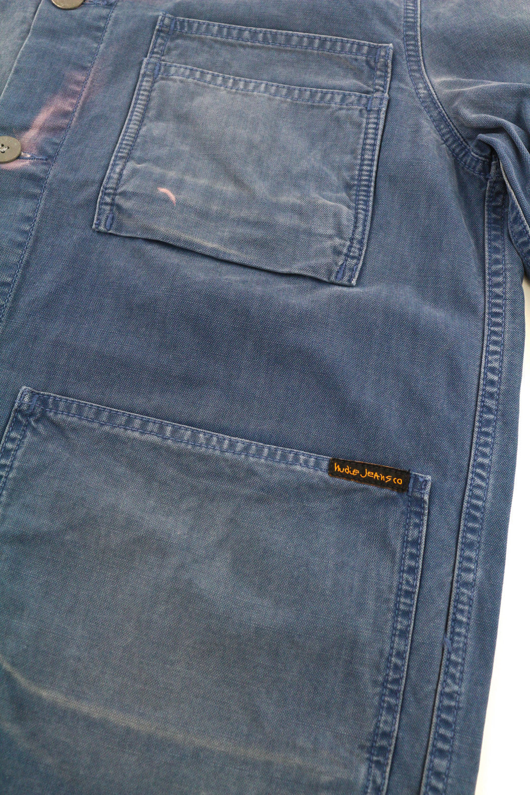 NUDIE Paul vyriška striukė M su sagomis, apykaklės kišenėmis, skalbto džinso mėlyna 