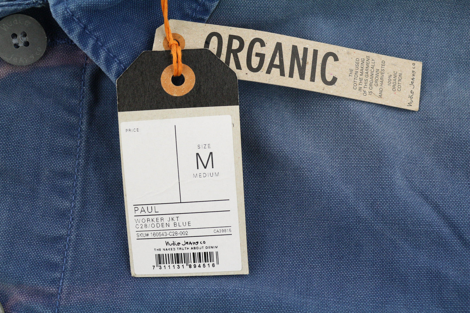 NUDIE Paul vyriška striukė M su sagomis, apykaklės kišenėmis, skalbto džinso mėlyna 