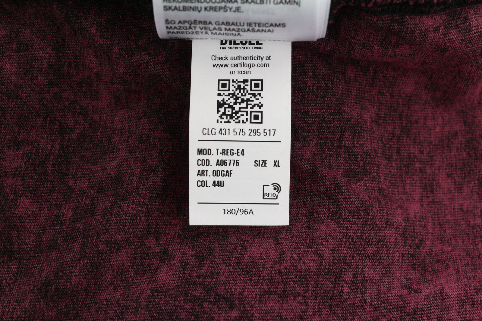 DIESEL T-Reg-E4 moteriški marškinėliai, XL dydžio bordo spalvos, trumpomis rankovėmis, apvalia apykakle, skalbti. RMK 125 €. 