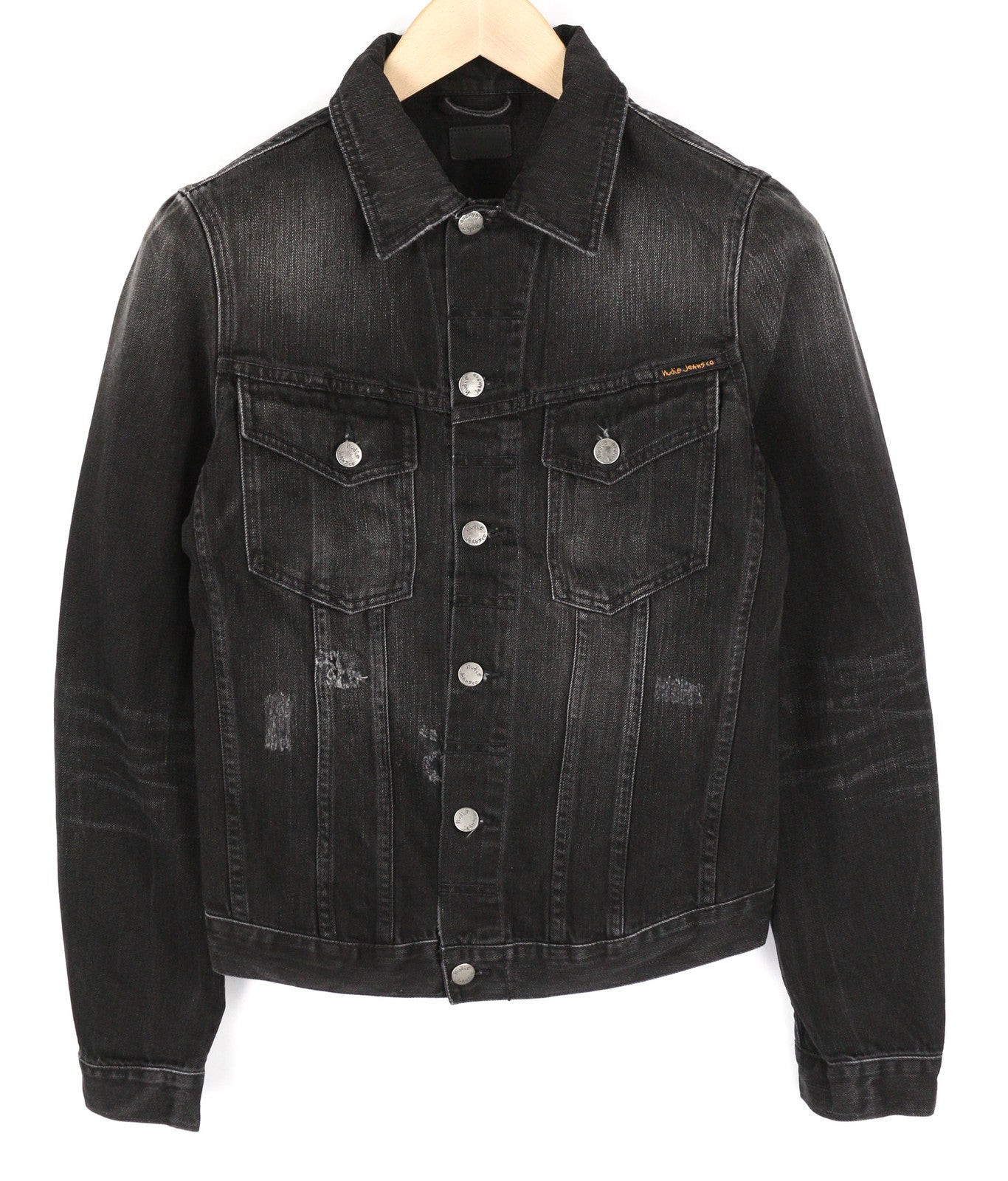 NUDIE Billy Men Jacket XS Black Lotus Organic Buttoned Neck Washed Denim