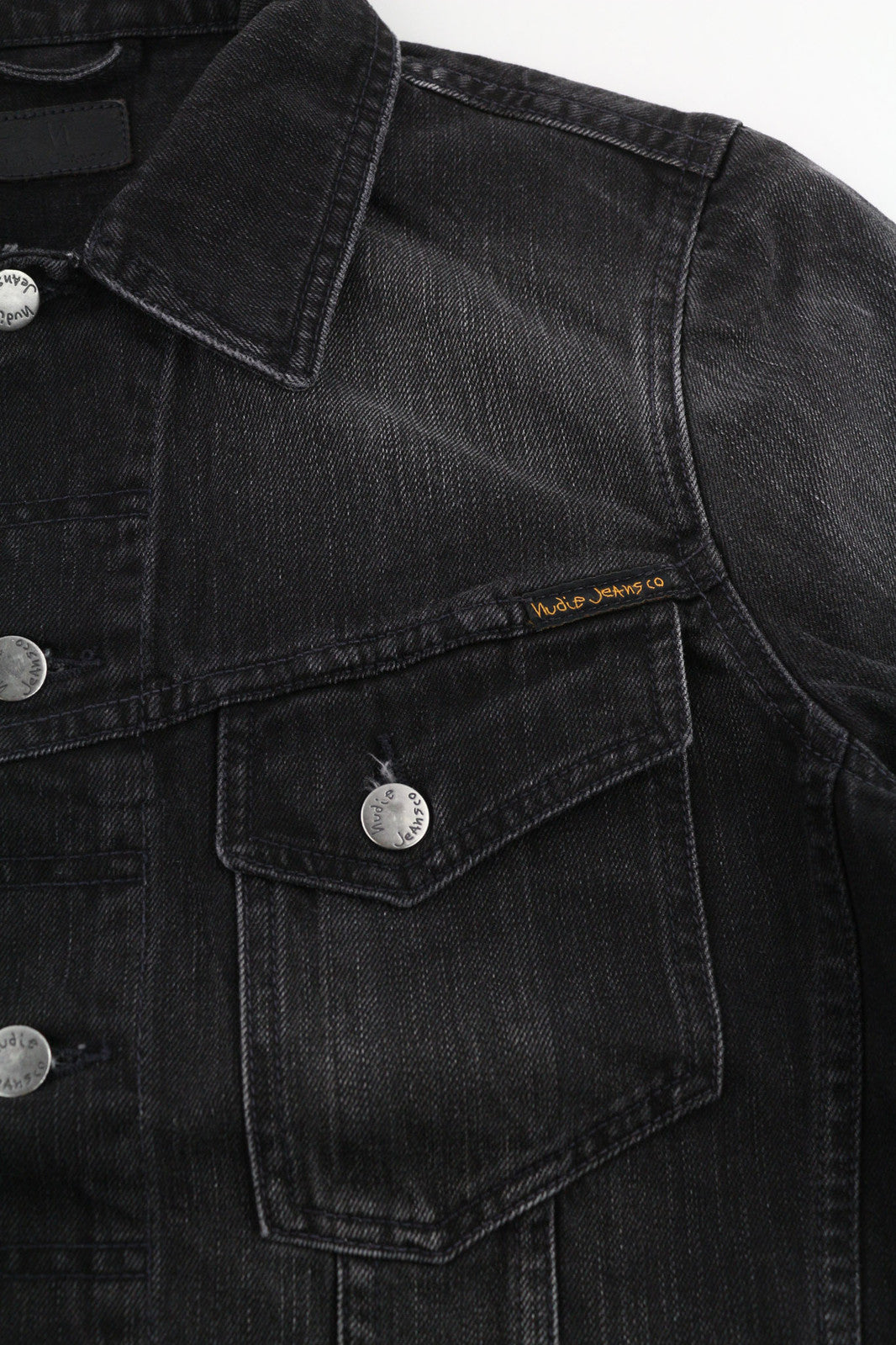 NUDIE Billy Men Jacket XS Black Lotus Organic Buttoned Neck Washed Denim