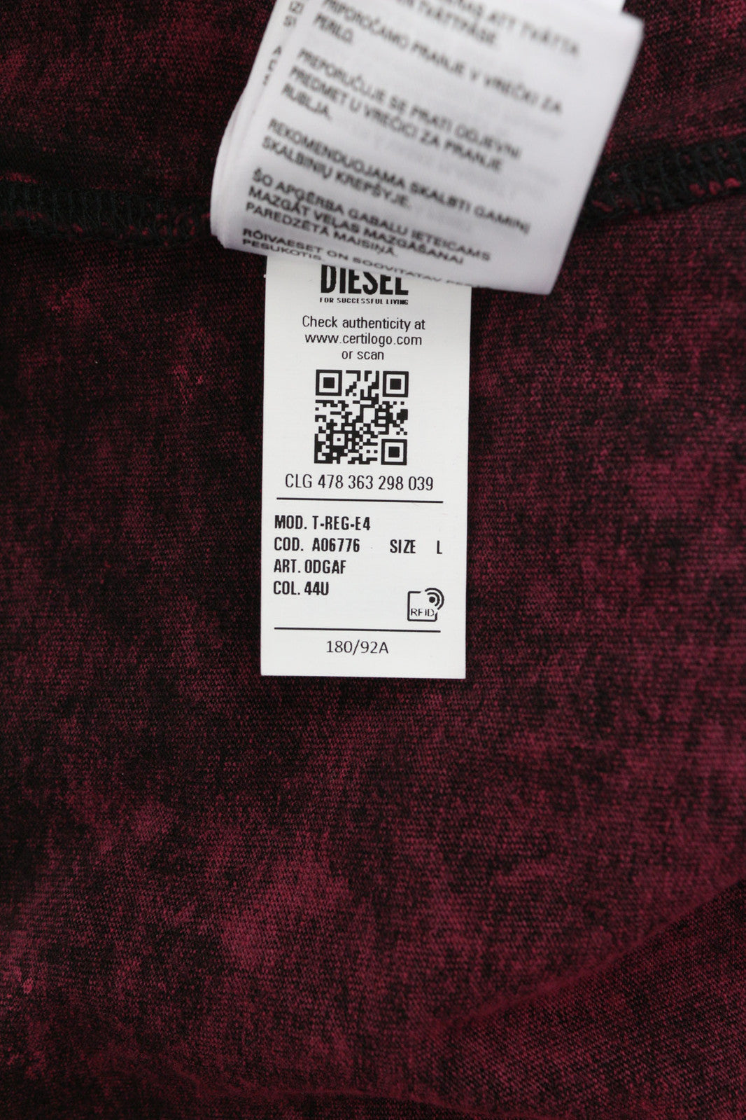 DIESEL T-Reg-E4 moteriški marškinėliai L, bordo spalvos, trumpomis rankovėmis, apvalia apykakle, skalbti. RMK 125 €.