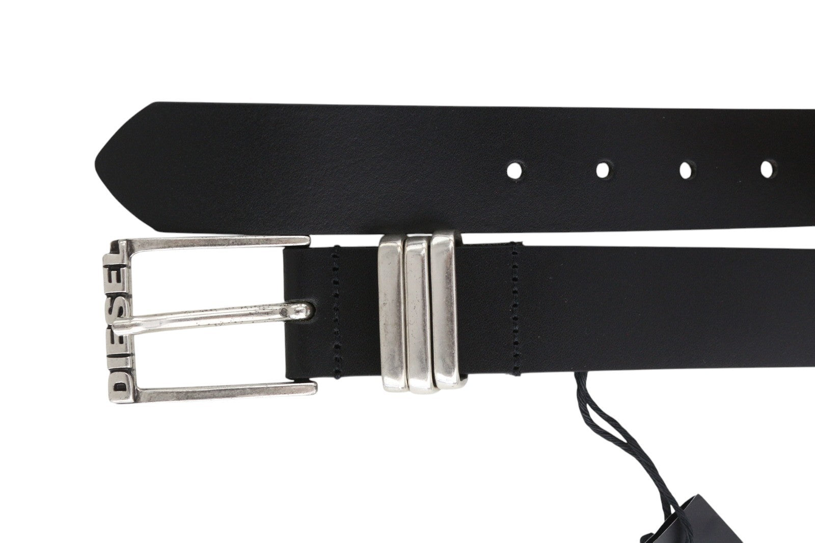 DIESEL B-Tuplo vyriškas diržas 100 cm tamsiai juodas karvės odos sidabro atspalvio sagtis su detalėmis 