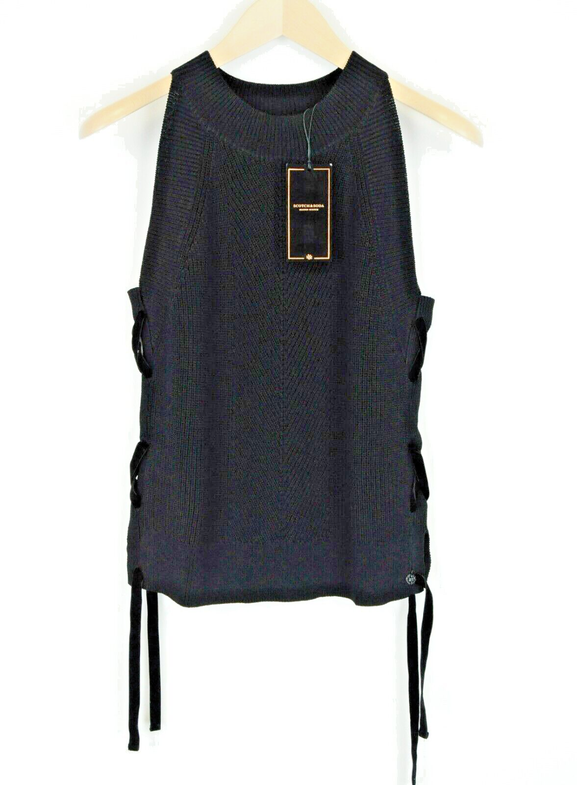 MAISON SCOTCH Womens XL Black Knitted Sleeveless Halter Top with Lace Sides