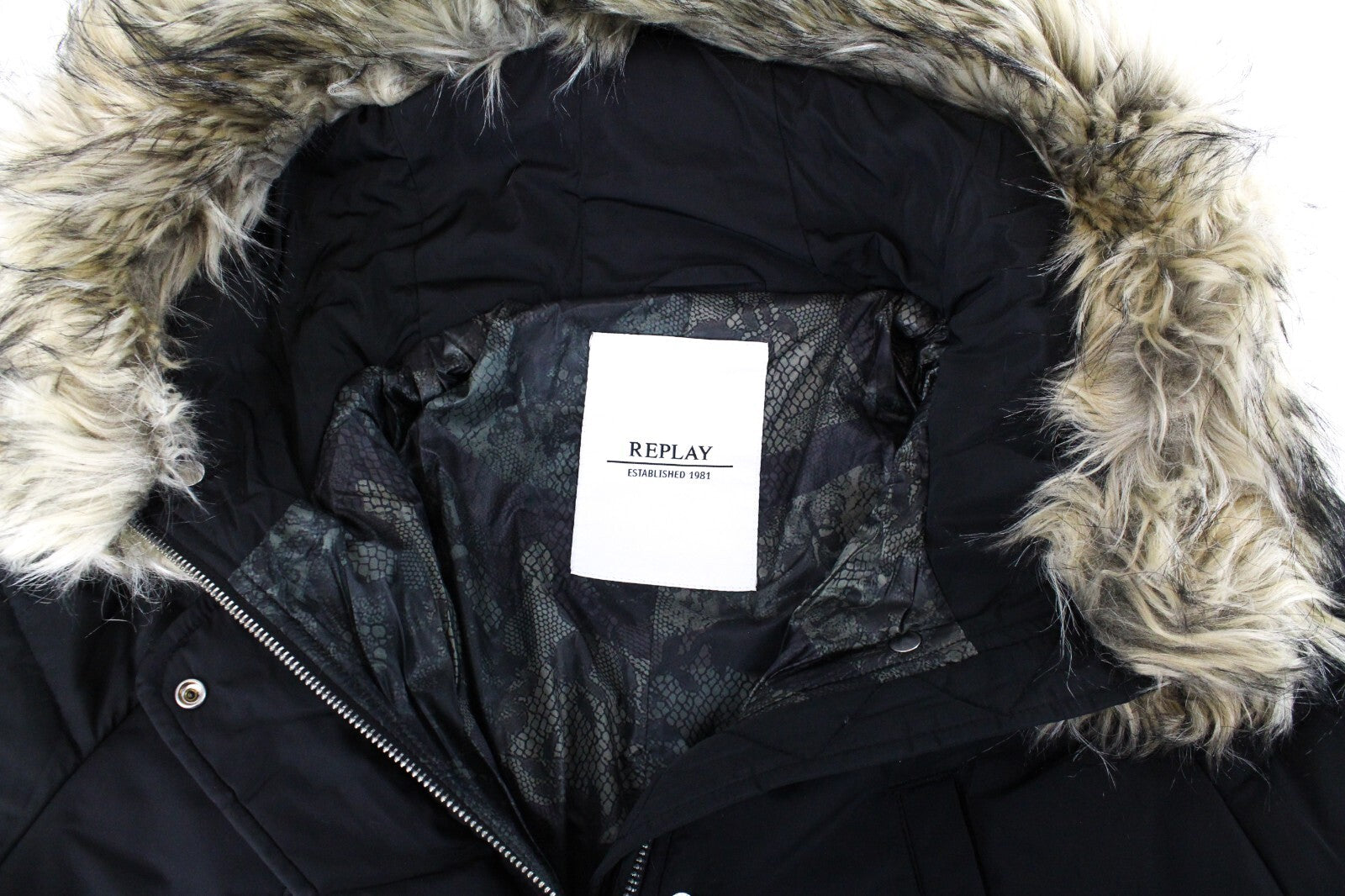 REPLAY moteriška XS dydžio juoda striukė parka su dirbtinio kailio pamušalu, paminkštinta ilga su kapišonu 