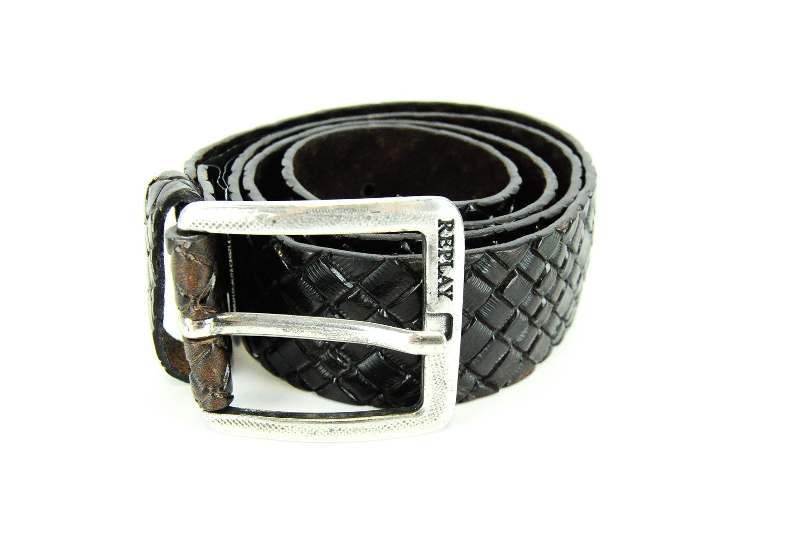 REPLAY vyriškas rudas odinis diržas, 85 cm, raštuotas, su jaučio odos kvadratine sagtimi 