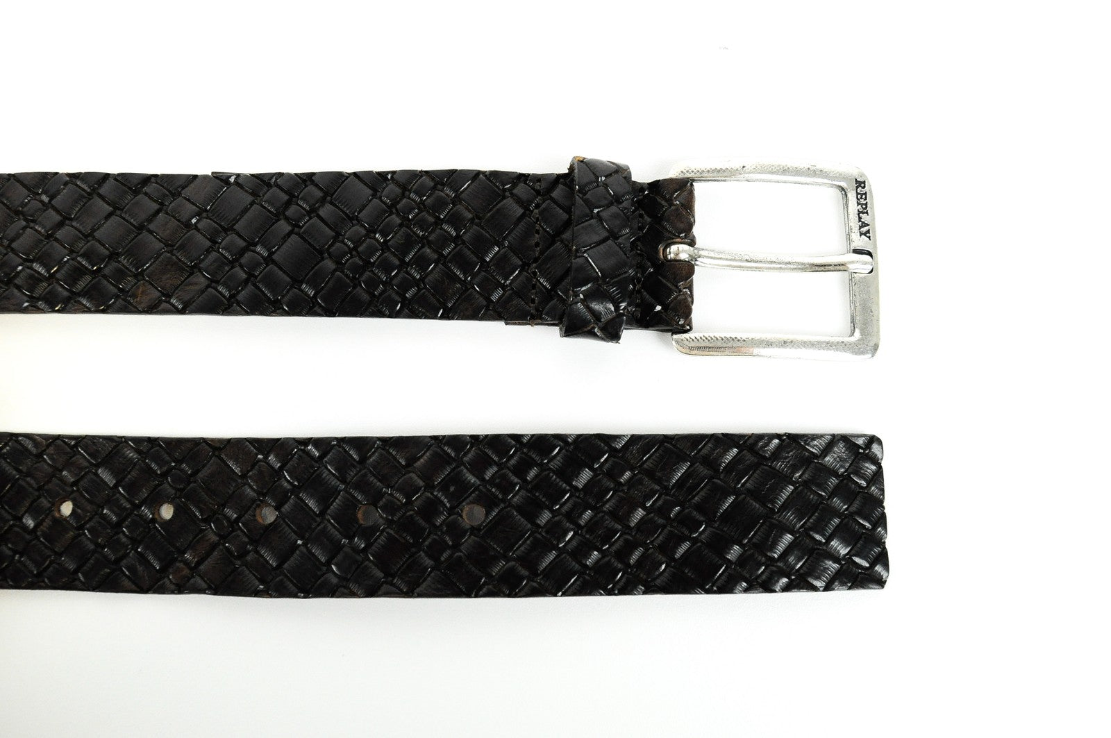 REPLAY vyriškas rudas odinis diržas, 85 cm, raštuotas, su jaučio odos kvadratine sagtimi 