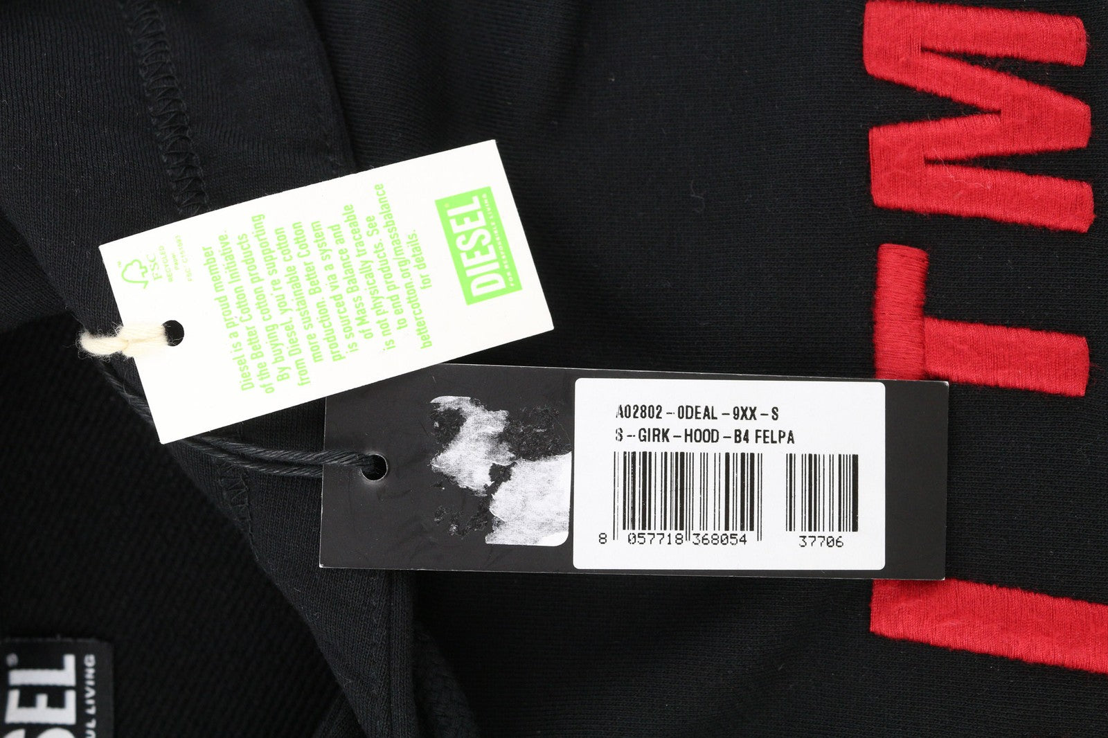 DIESEL S-Girk-Hood-B4 vyriškas džemperis su gobtuvu, S dydžio, megztinis, didelis, kengūros spalvos, juodas, rekomenduojama kaina – 150 € 