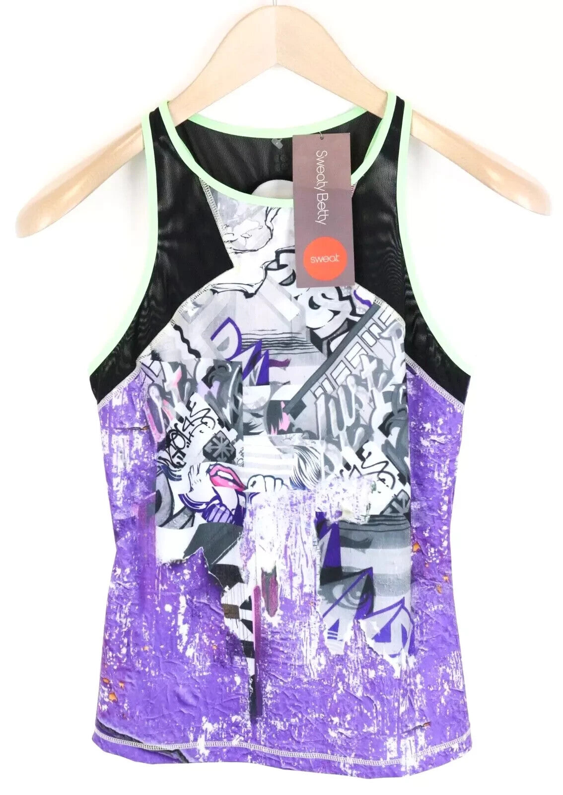 SWEATY BETTY Flaunt It Women's Sport Top S Purple Stretch Graffiti Print Gym