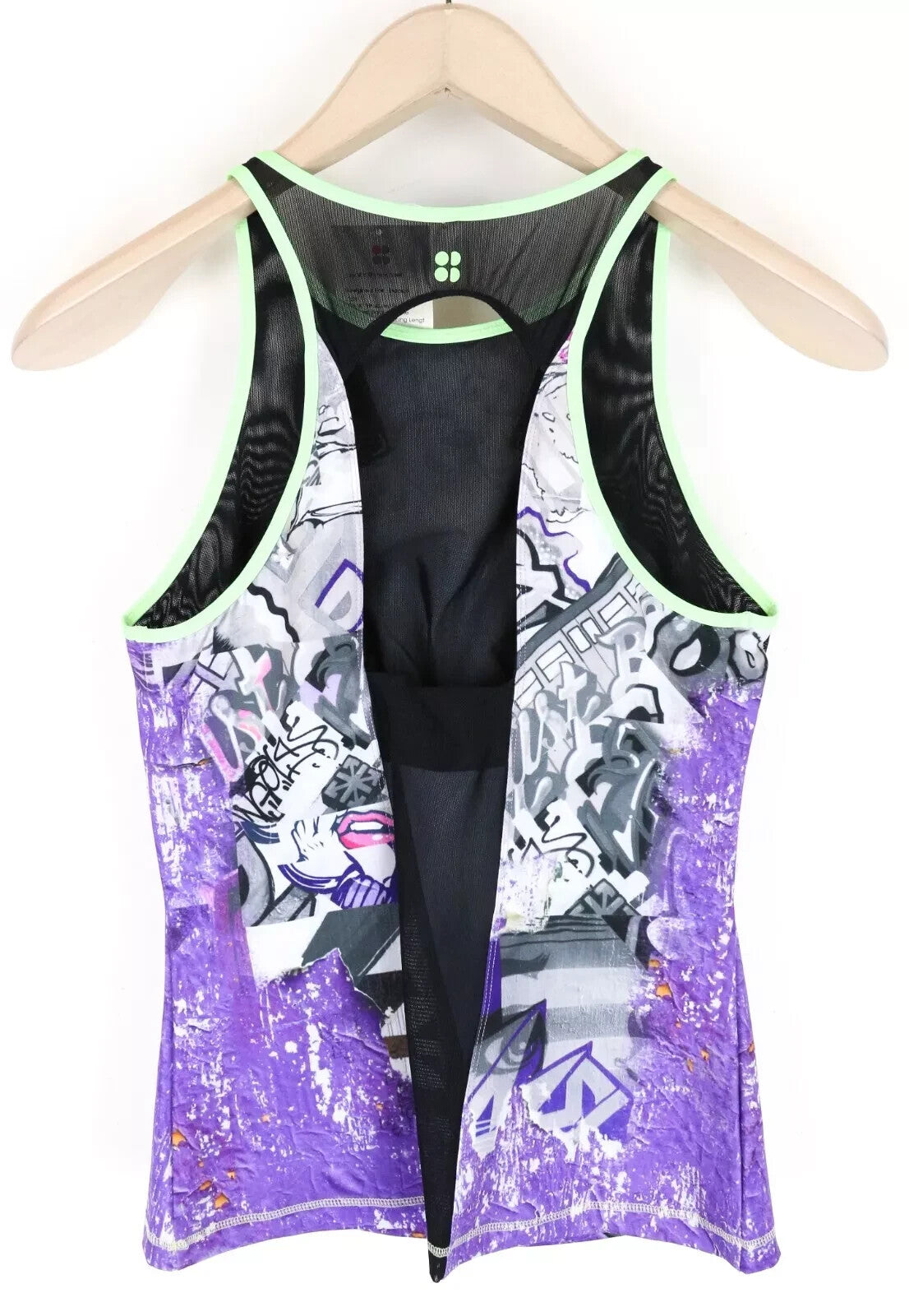 SWEATY BETTY Flaunt It Women's Sport Top S Purple Stretch Graffiti Print Gym
