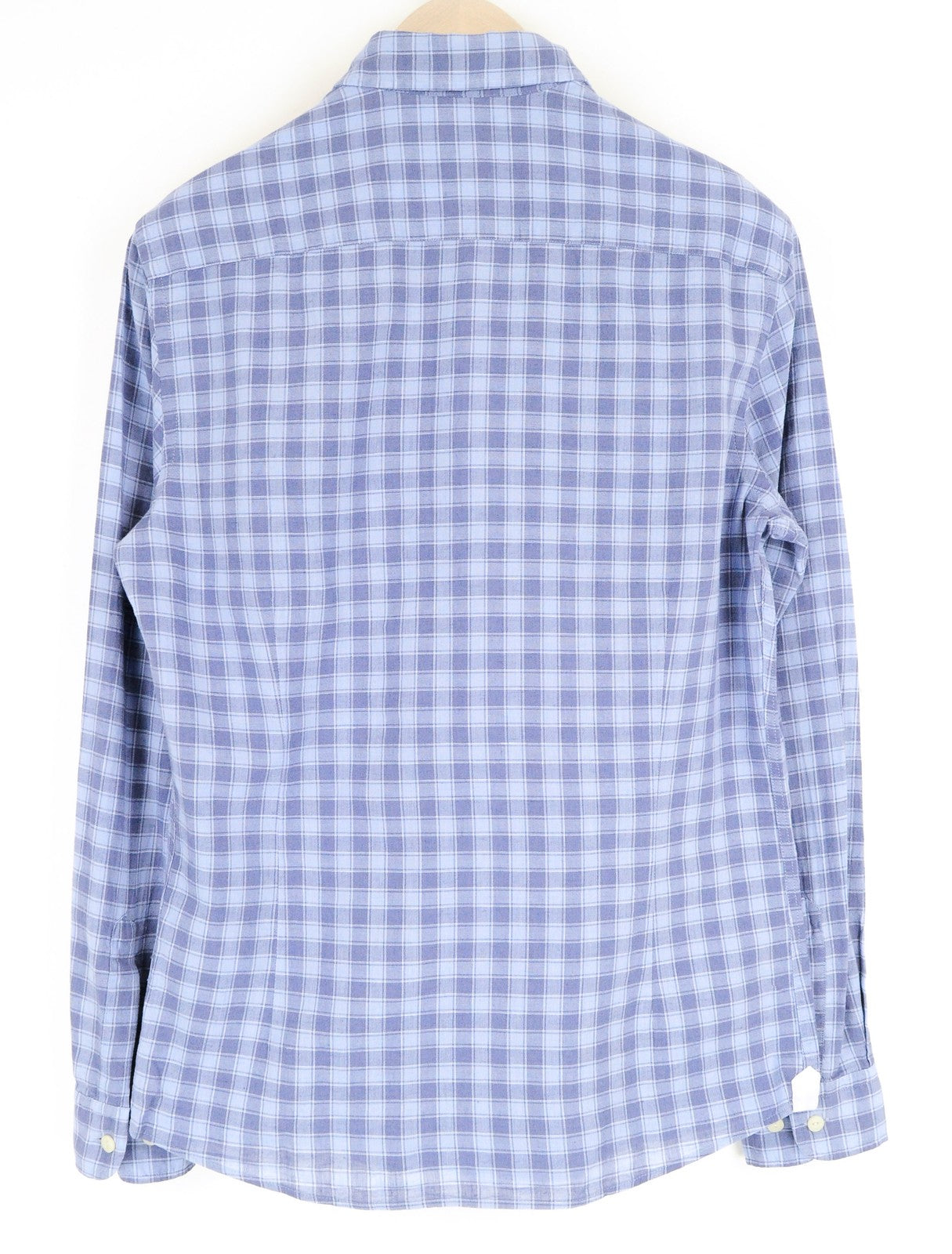 HACKETT Shirt Men's S Blue Checked Cotton Linen Collared Slim Long Sleeve