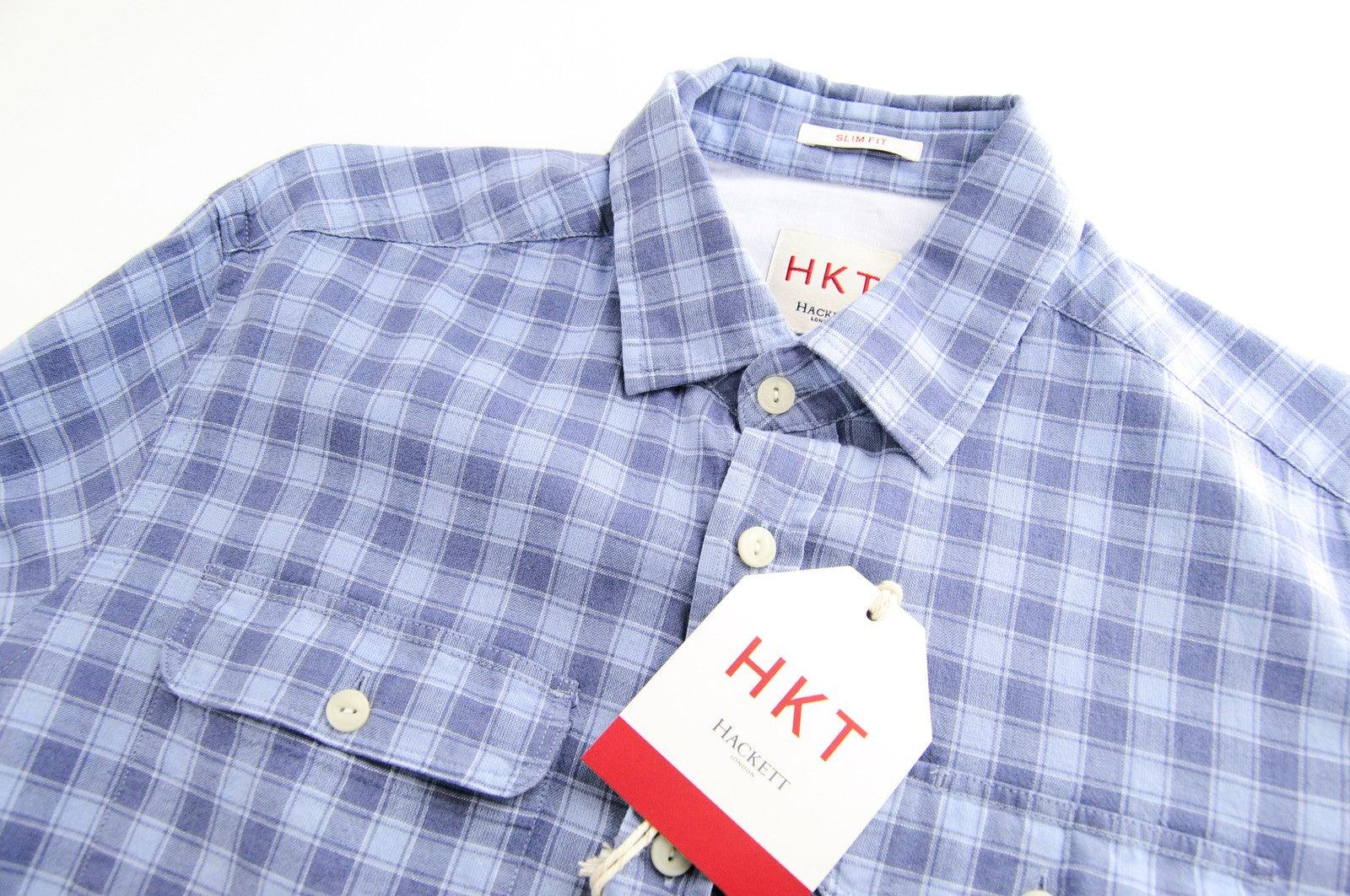 HACKETT Shirt Men's S Blue Checked Cotton Linen Collared Slim Long Sleeve