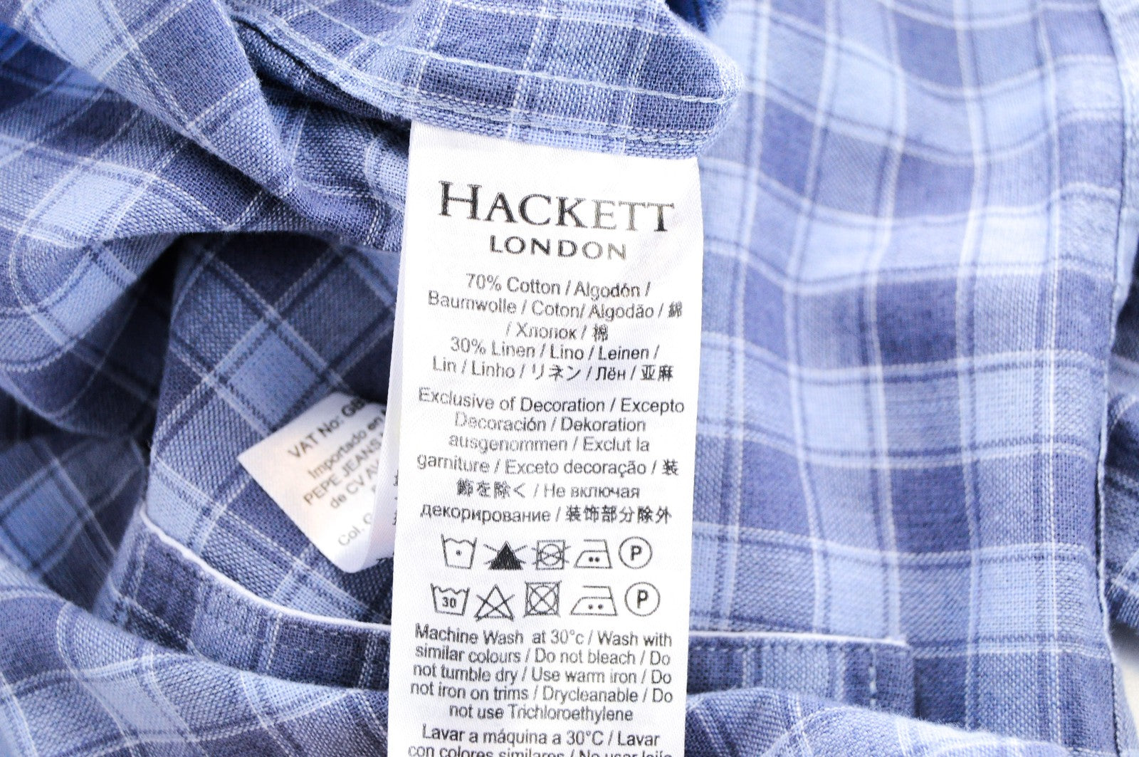 HACKETT Shirt Men's S Blue Checked Cotton Linen Collared Slim Long Sleeve