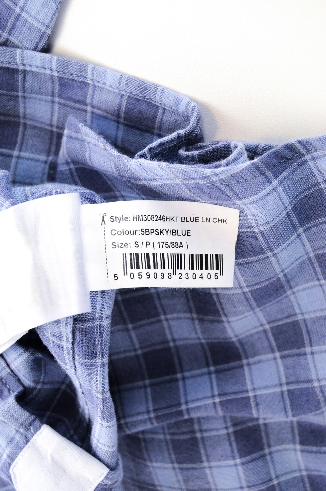 HACKETT Shirt Men's S Blue Checked Cotton Linen Collared Slim Long Sleeve