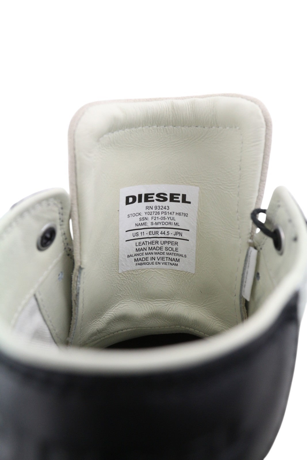 DIESEL S-Mydori ML vyriški sportbačiai, 44.5 dydis, balti, odiniai, aukštakulniai, migdolų formos nosis, RRP 220 € 