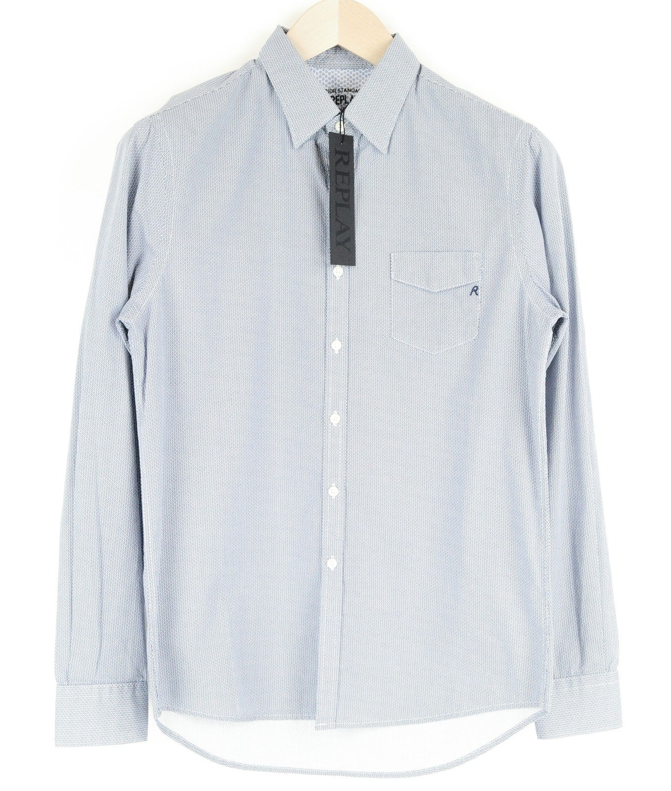 REPLAY Shirt Men's S Blue Cotton Patterned Collared Button-Up Long Sleeved