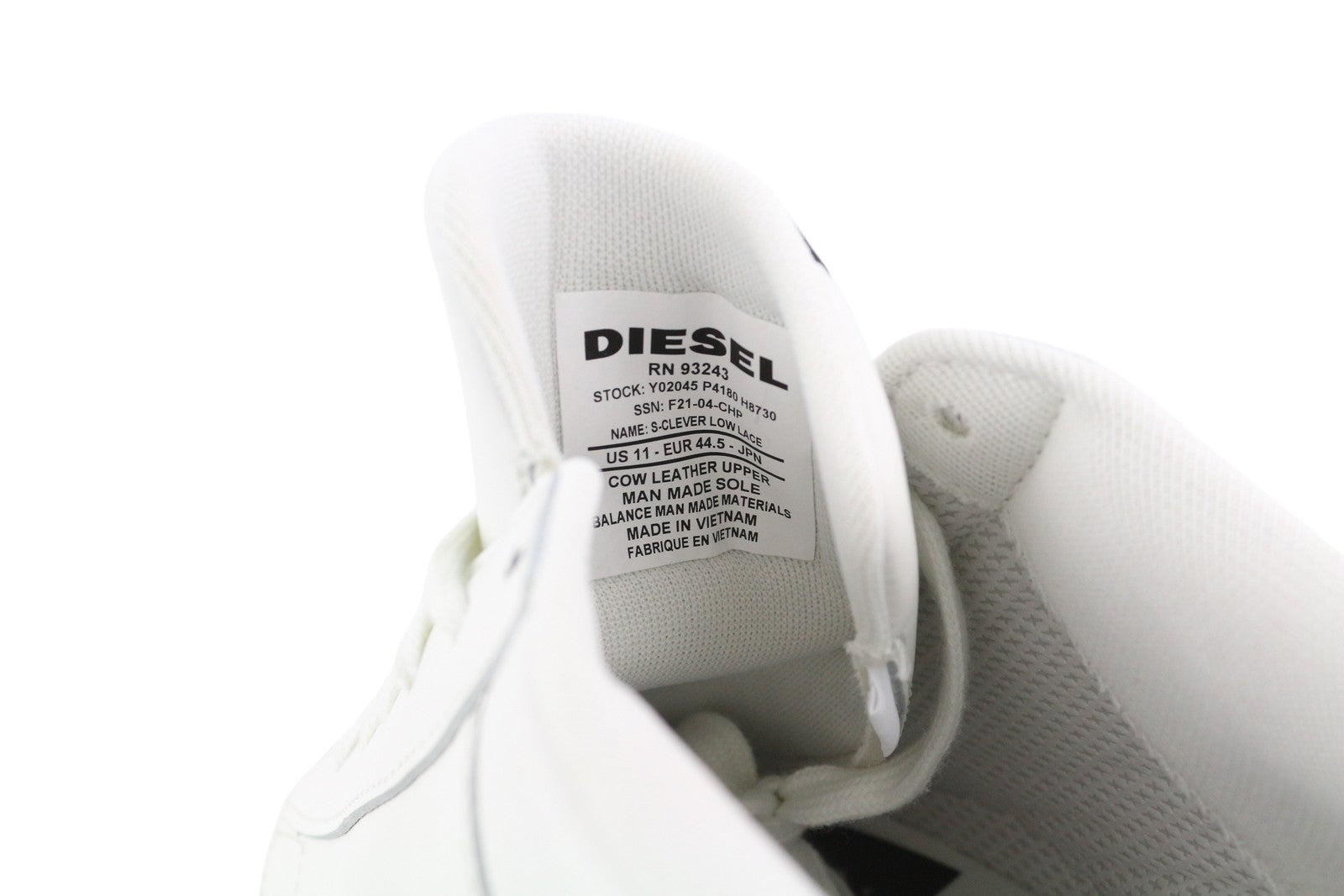 DIESEL S-Clever žemi nėriniuoti vyriški sportbačiai, 44,5 cm, balti, raudoni, odiniai, migdolų spalvos, rekomenduojama kaina – 140 € 