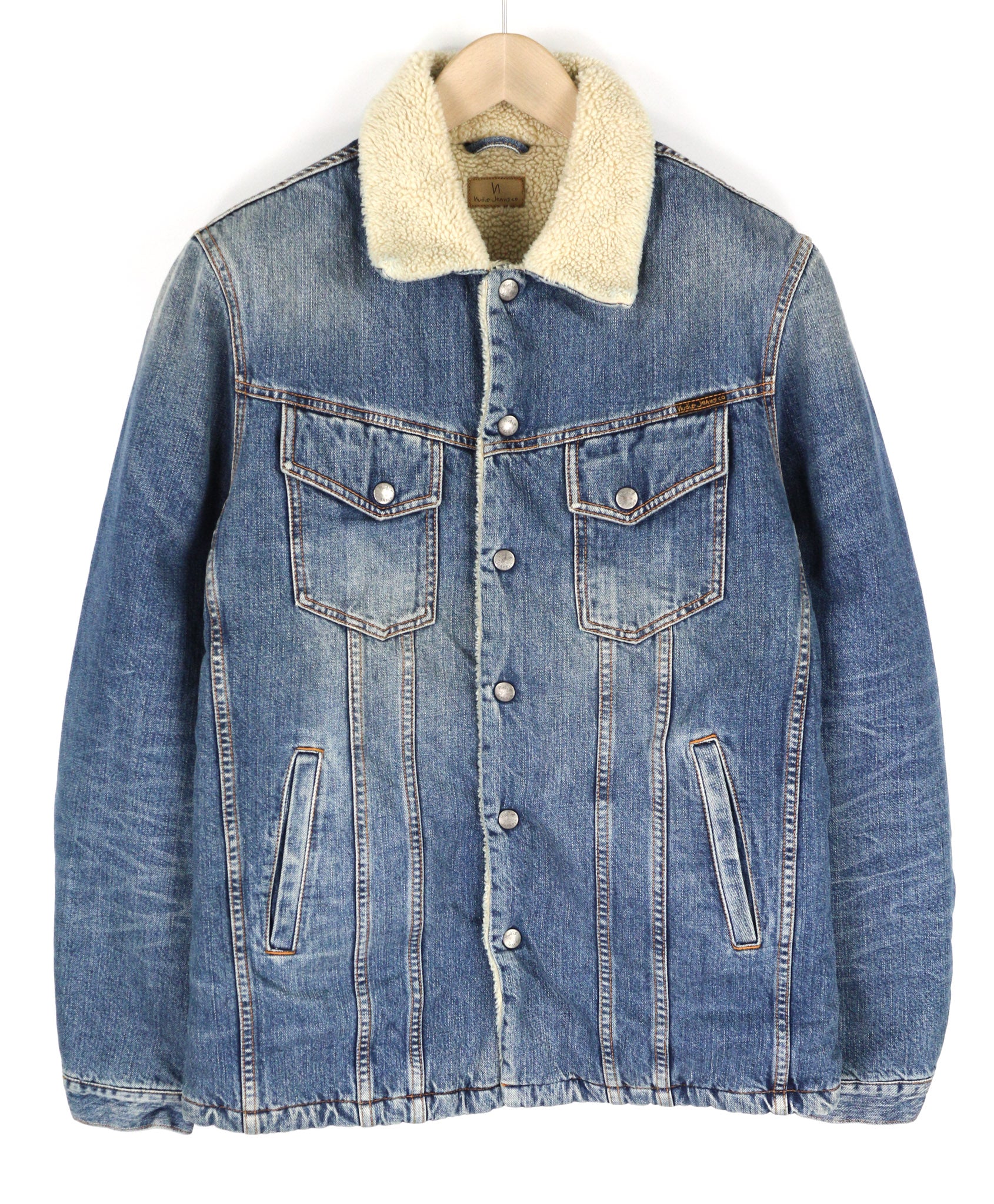 NUDIE JEANS Lenny Tangerine Blue vyriška striukė M mėlyna medvilnė su šerpų pamušalu džinsinio audinio 