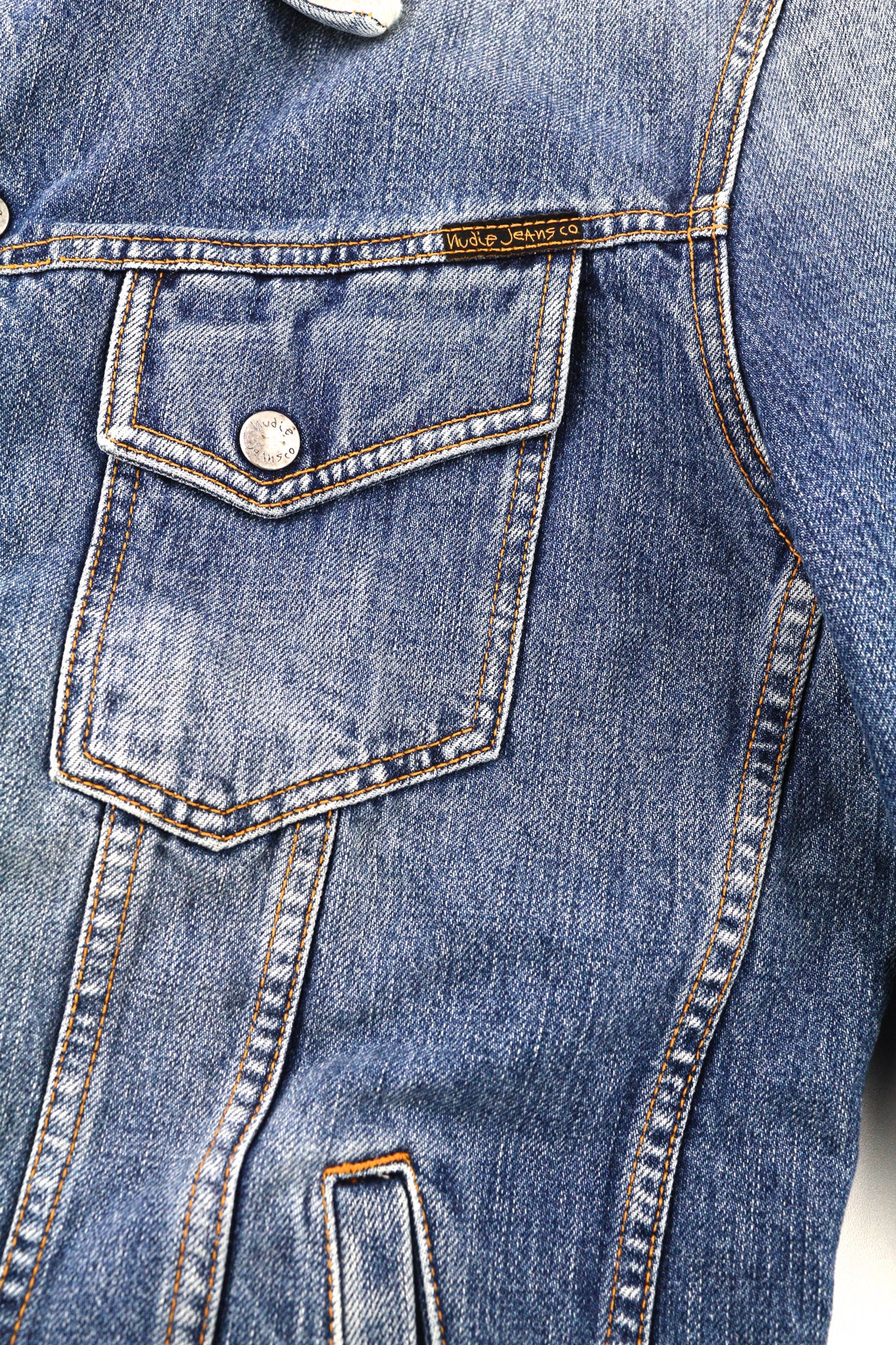 NUDIE JEANS Lenny Tangerine Blue vyriška striukė M mėlyna medvilnė su šerpų pamušalu džinsinio audinio 