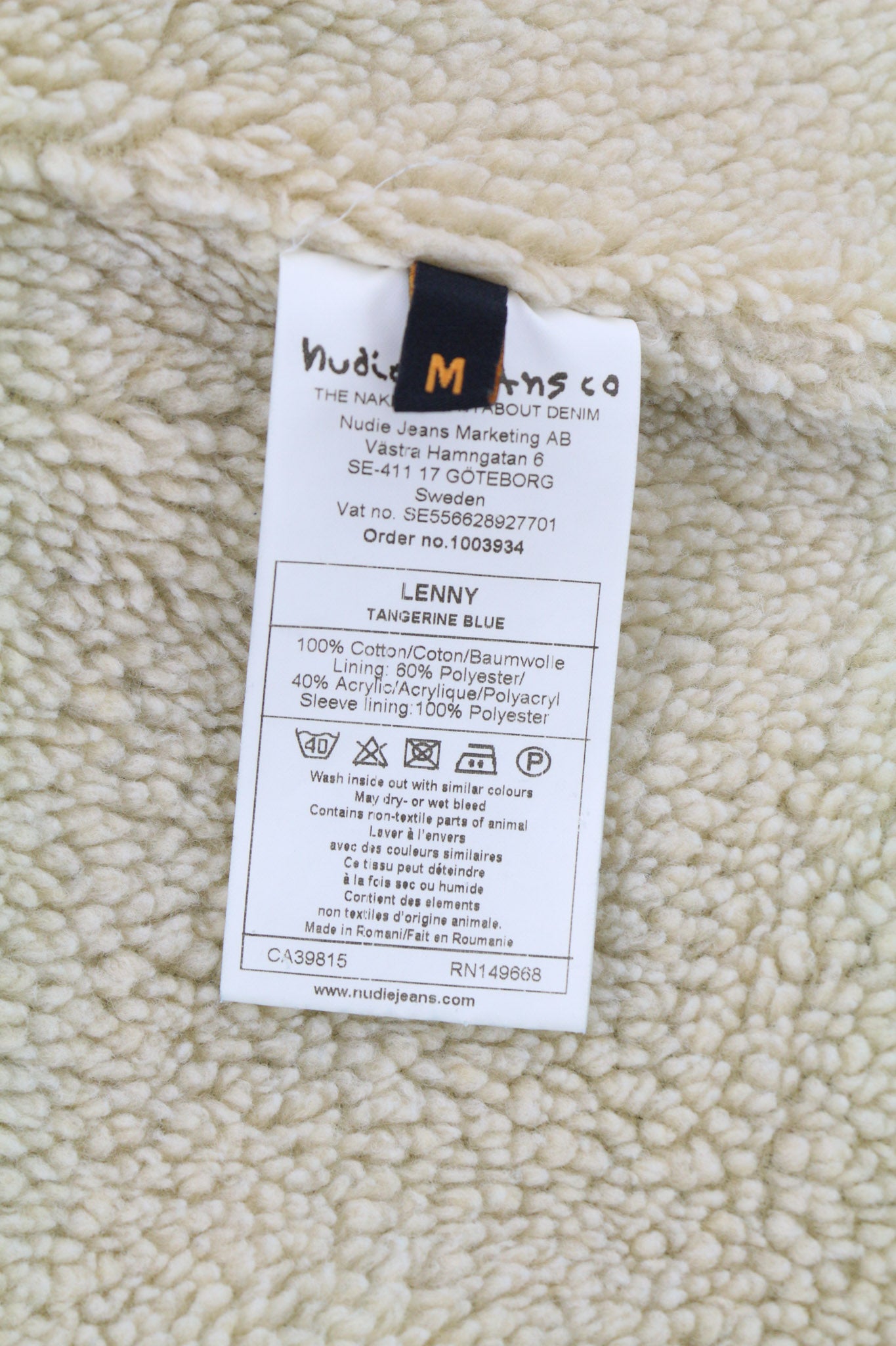 NUDIE JEANS Lenny Tangerine Blue vyriška striukė M mėlyna medvilnė su šerpų pamušalu džinsinio audinio 