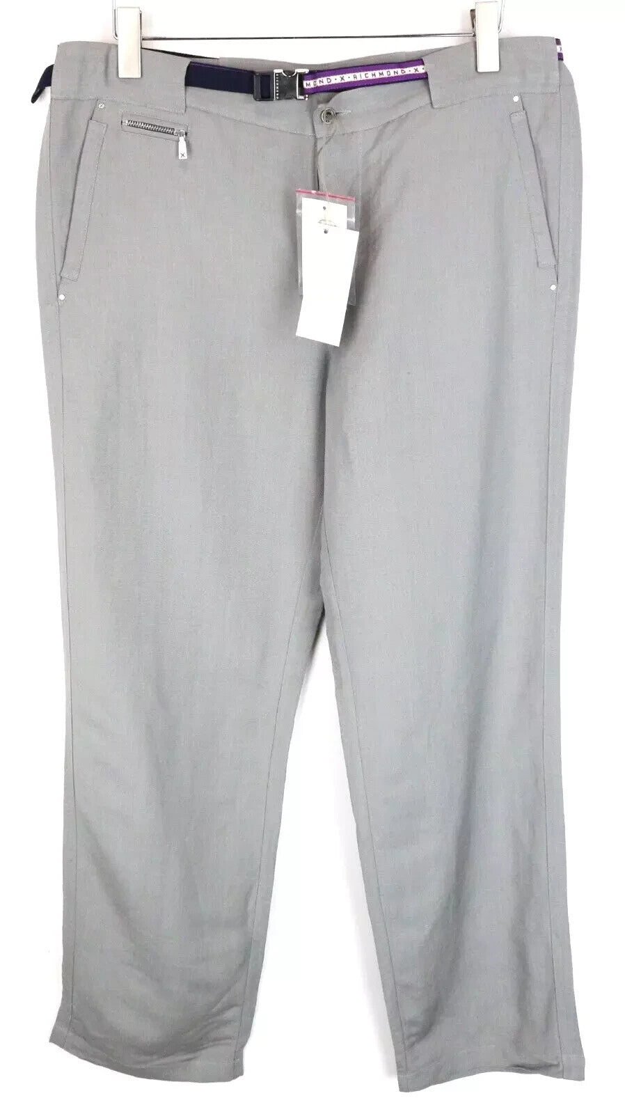 RICHMOND Men's Trousers 54 Flat Front Grey Linen Blend Belted Casual