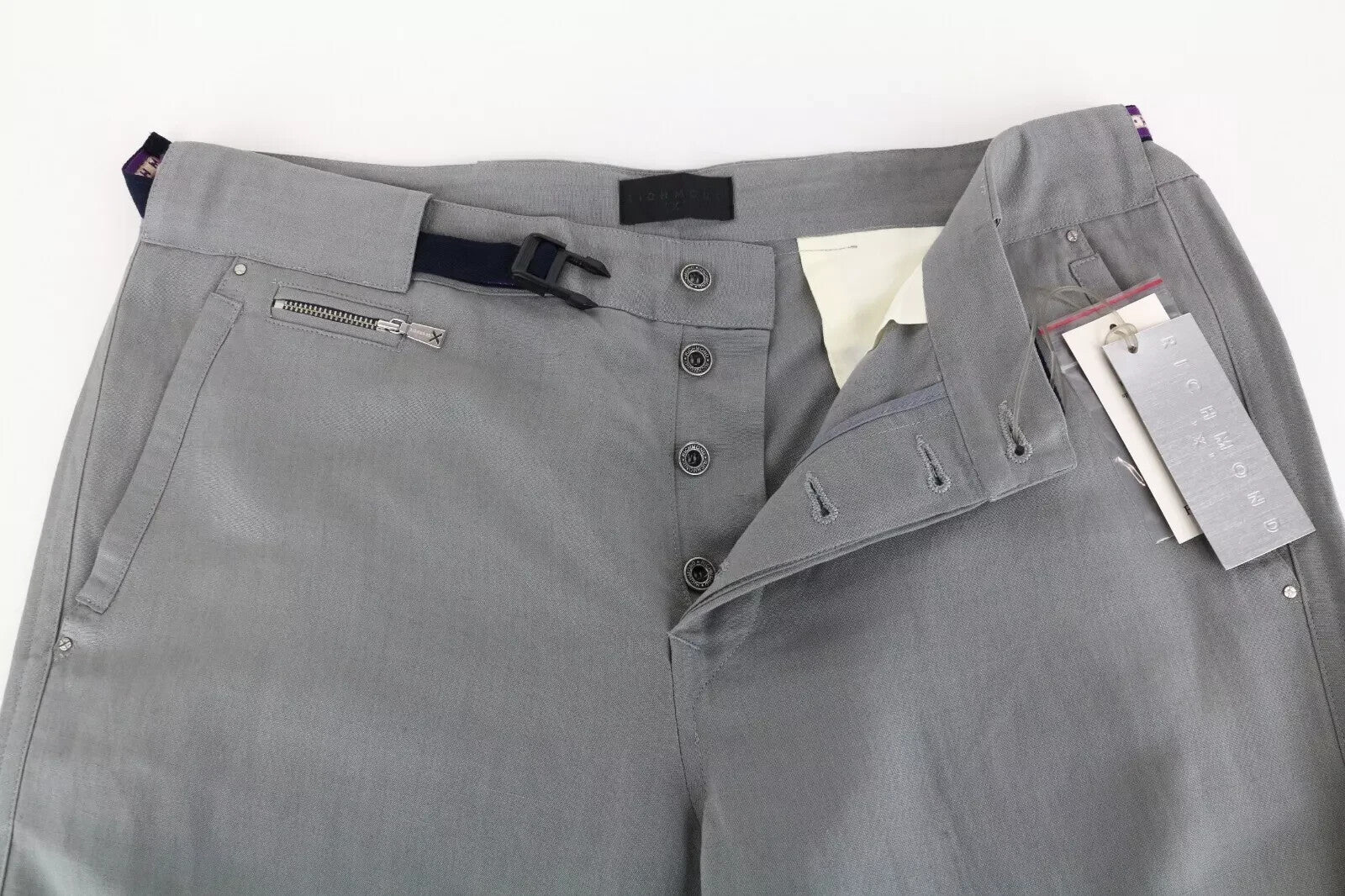 RICHMOND Men's Trousers 54 Flat Front Grey Linen Blend Belted Casual