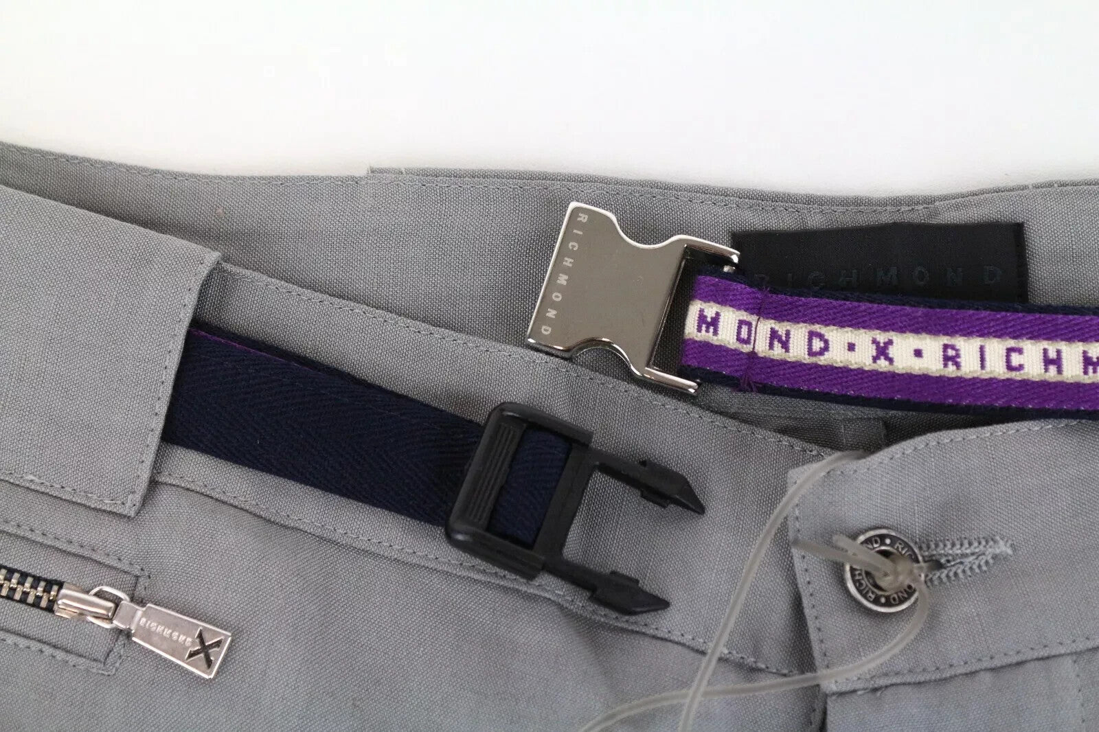 RICHMOND Men's Trousers 54 Flat Front Grey Linen Blend Belted Casual