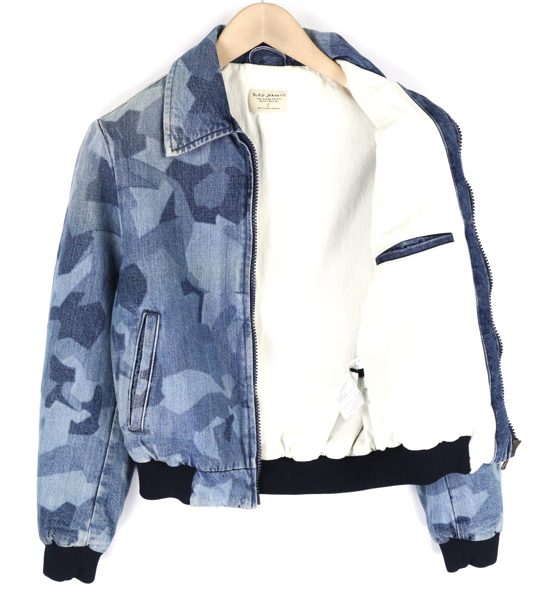 NUDIE JEANS Gudrun Camo džinsinis moteriškas švarkas S mėlyna medvilninė bomber stiliaus striukė 