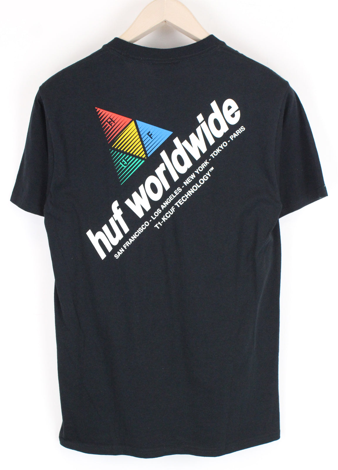 HUF Men T-Shirt S Navy Cotton Round Neck Short Sleeved Logo Pullover Stretch