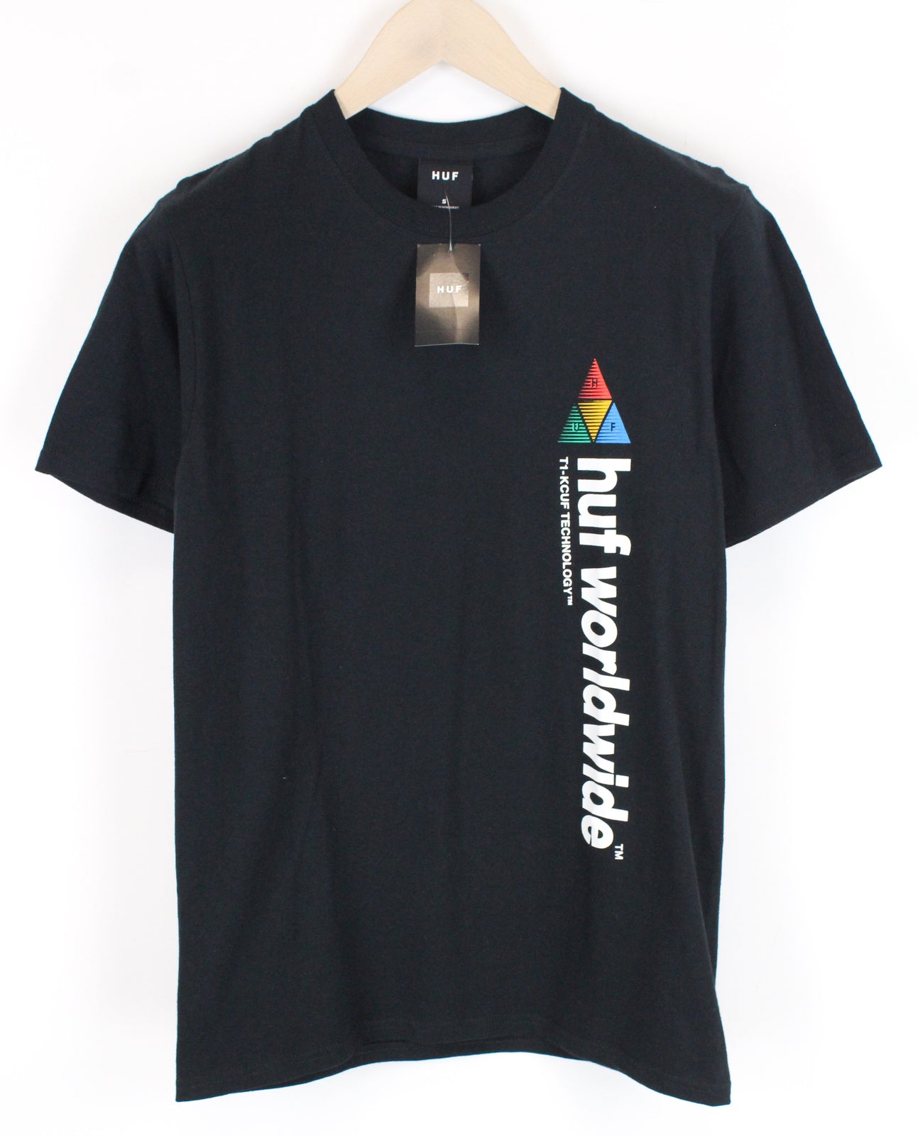 HUF Men T-Shirt S Navy Cotton Round Neck Short Sleeved Logo Pullover Stretch