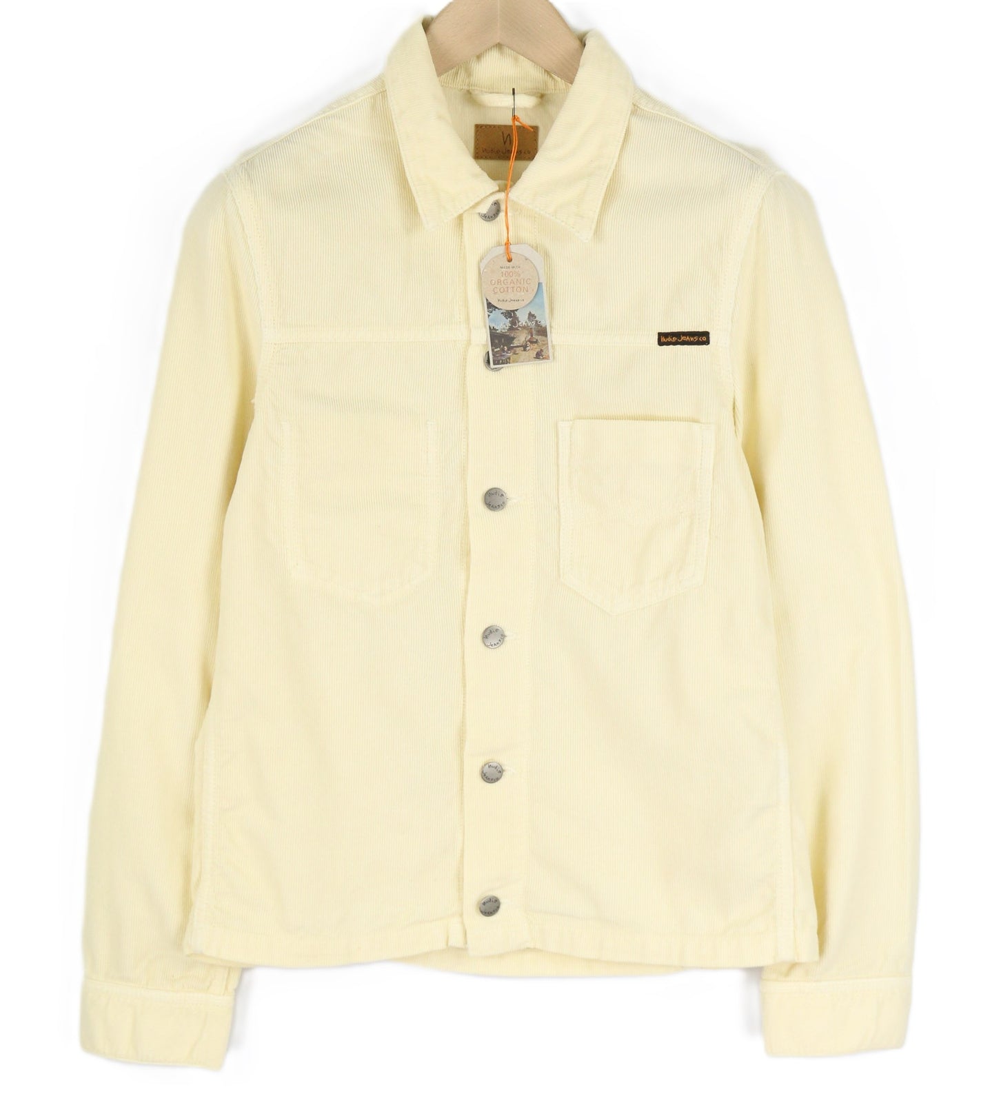 NUDIE JEANS Ronny vyriška striukė S, dulkėtos baltos spalvos, ekologiškos medvilnės velvetas su logotipu ir sagomis 