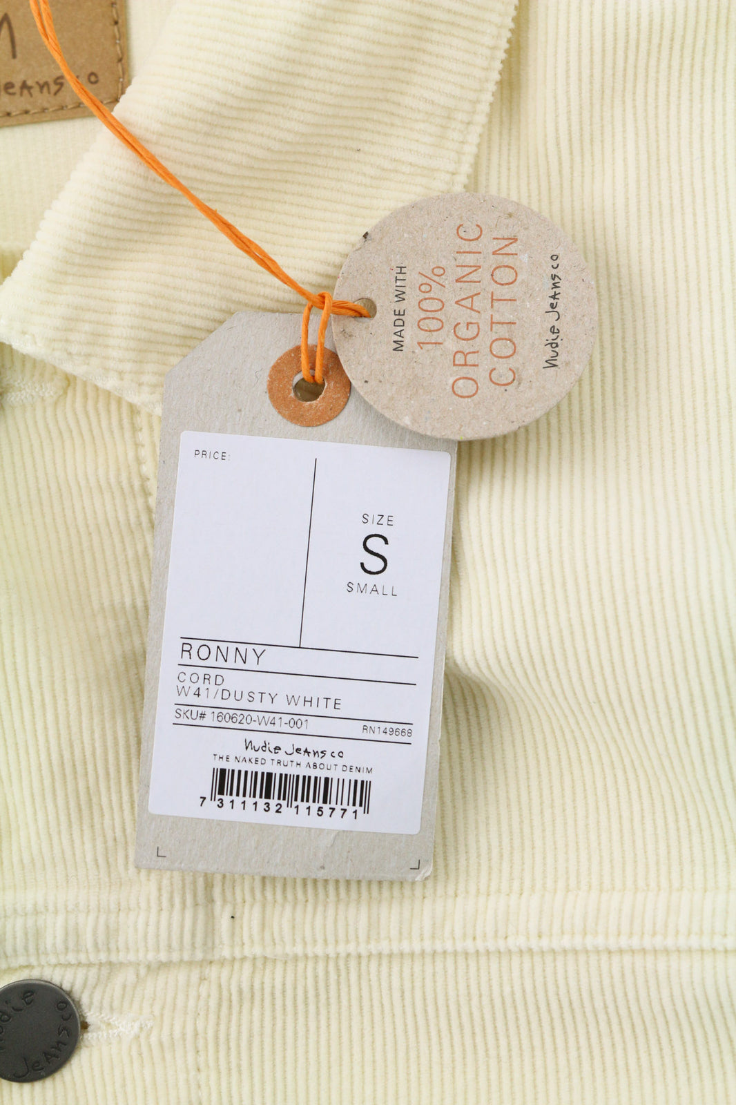 NUDIE JEANS Ronny vyriška striukė S, dulkėtos baltos spalvos, ekologiškos medvilnės velvetas su logotipu ir sagomis 