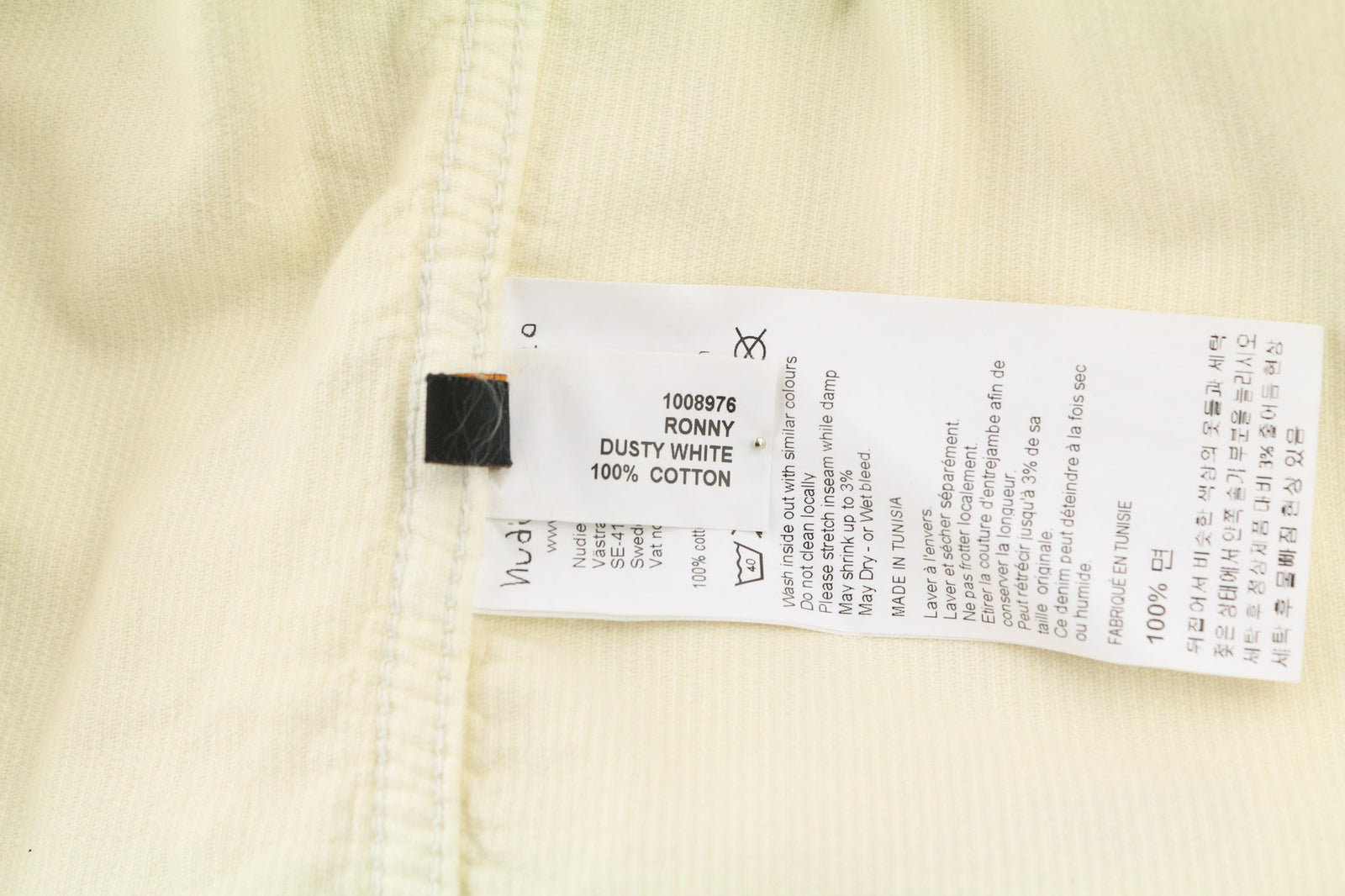 NUDIE JEANS Ronny vyriška striukė S, dulkėtos baltos spalvos, ekologiškos medvilnės velvetas su logotipu ir sagomis 